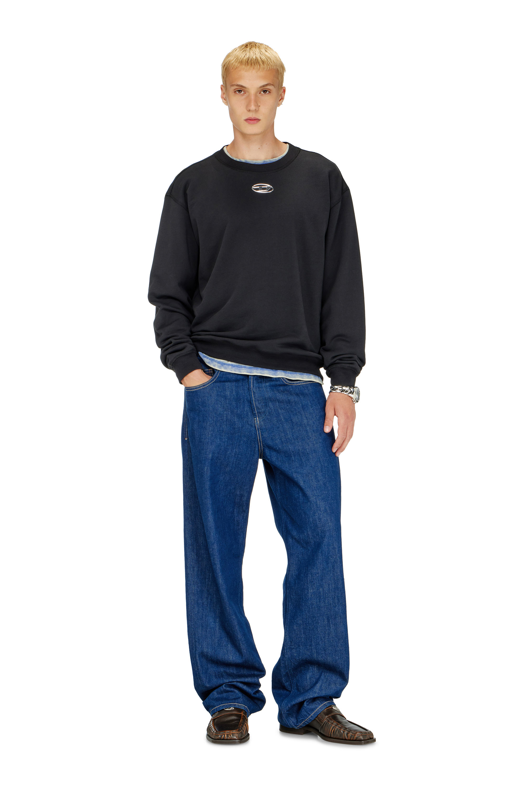 Diesel - S-NORM-IOD, Man's Regular sweatshirt with metallic Oval D in Black - 1