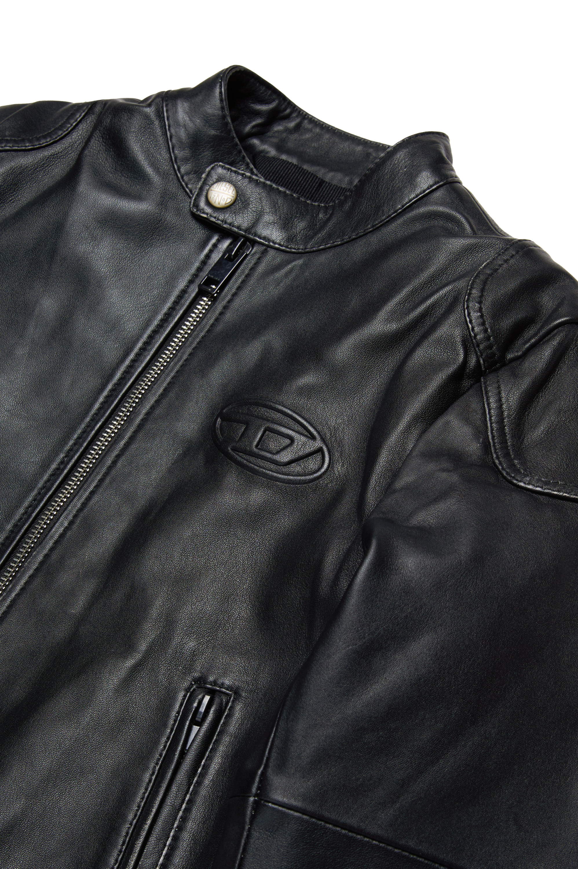 Diesel - JLHEIN, Man's Leather biker jacket with embossed Oval D in Black - 3