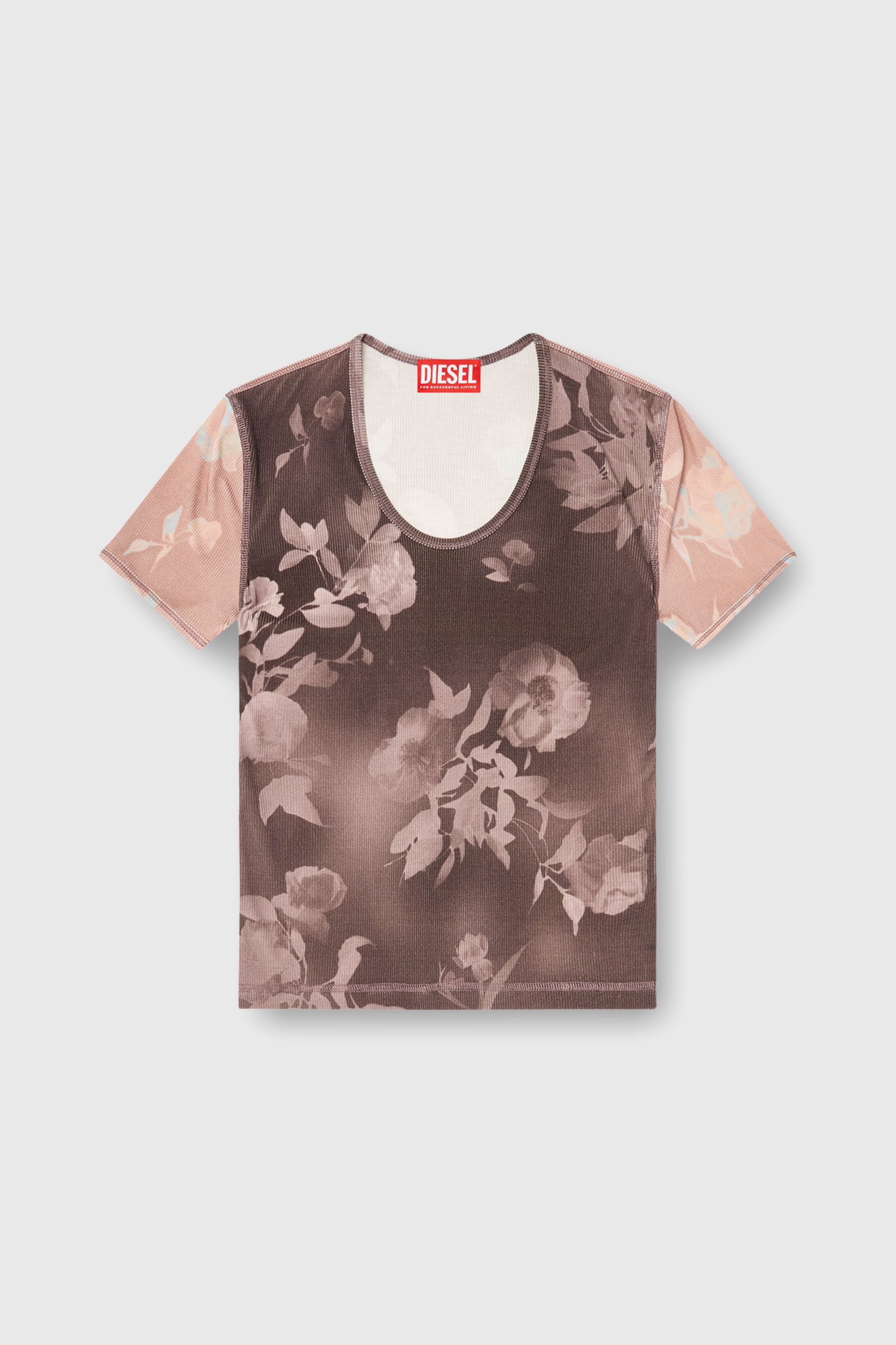 Diesel - T-ELENEWU, Woman's Top in floral-print ribbed jersey in Brown/Pink - 1