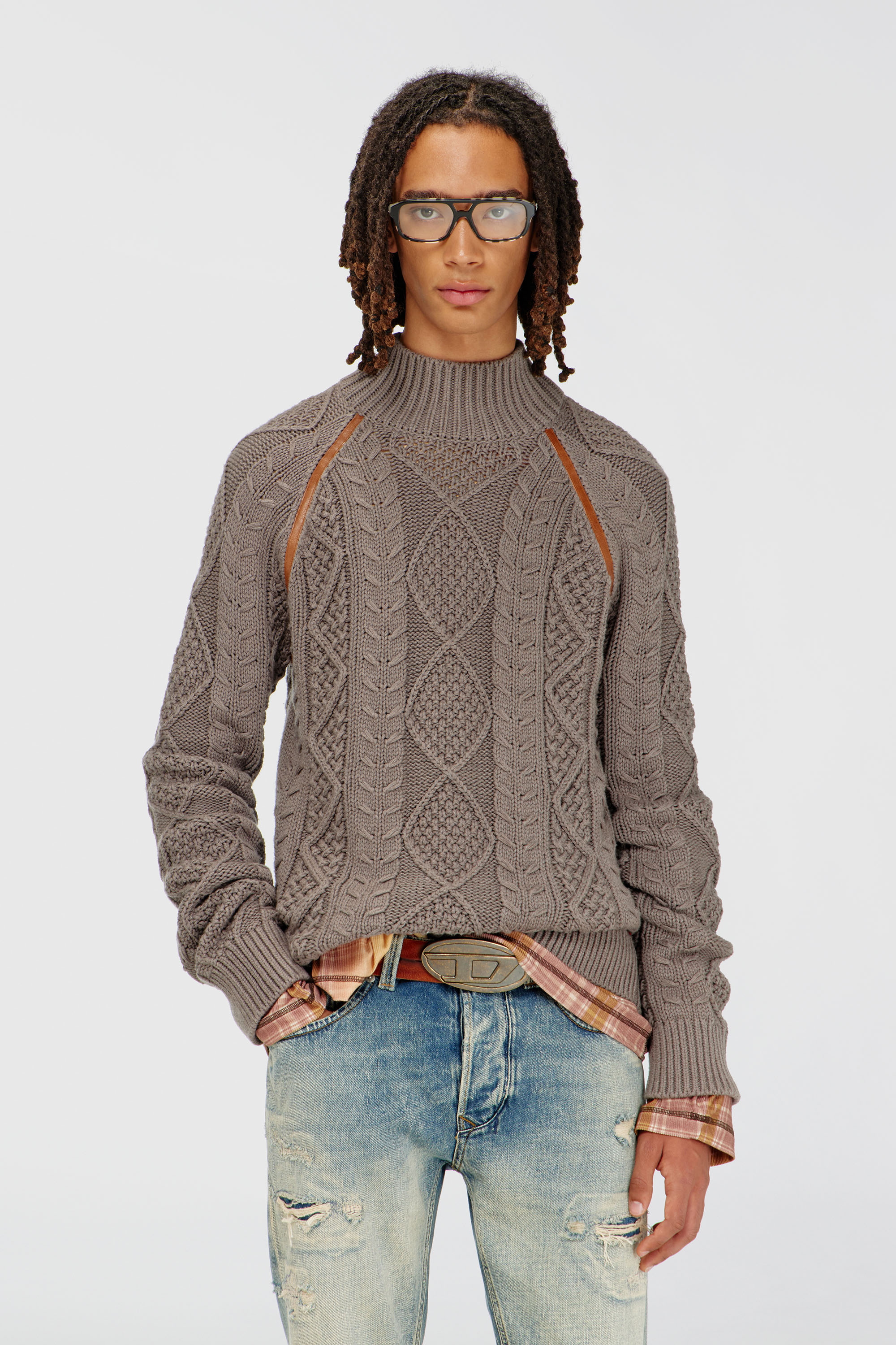 Diesel - K-INOME, Man's Turtleneck jumper in cable knit in Grey - 3