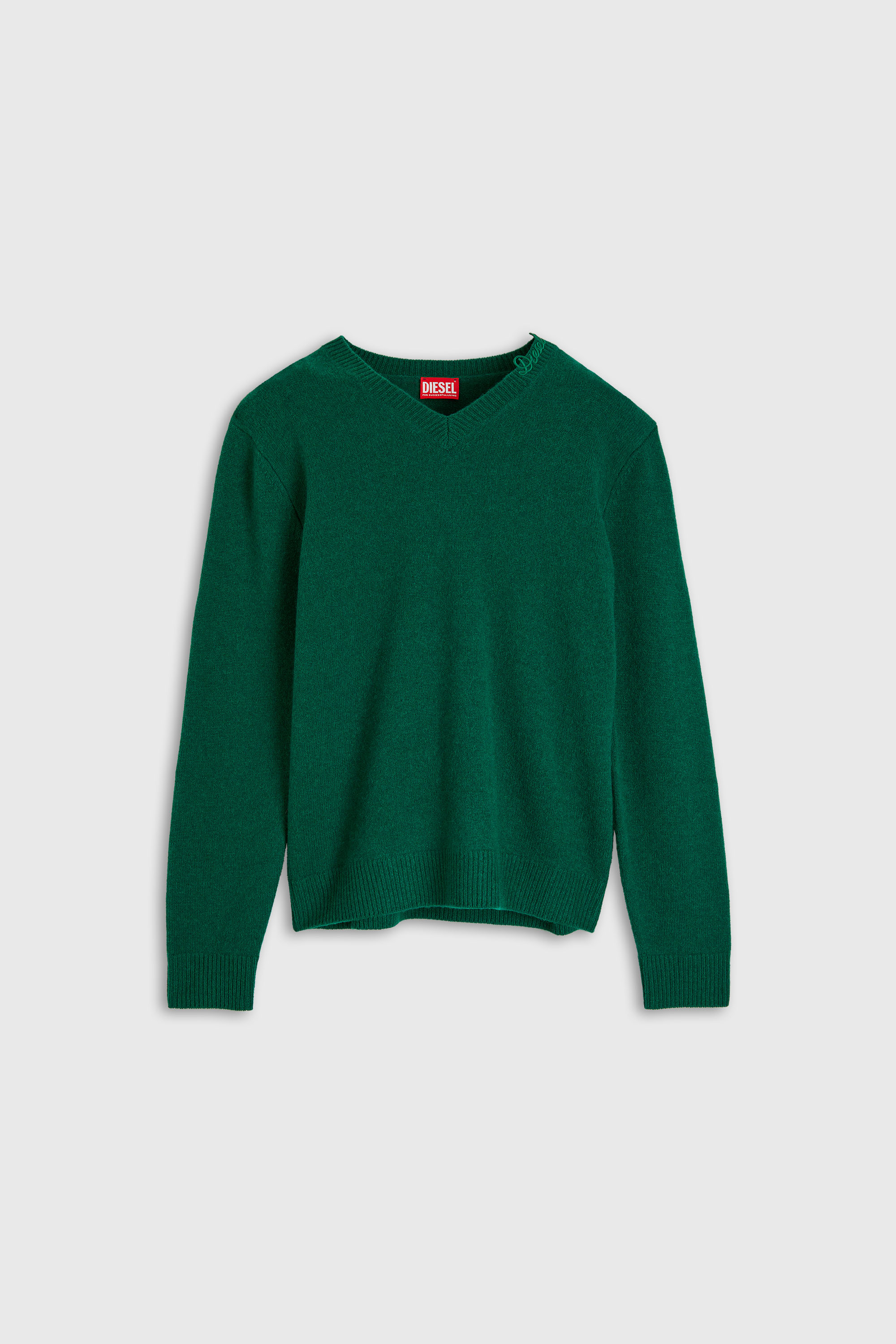 Diesel - K-IMER, Man's Wool V-neck jumper with neck logo in Green - 2