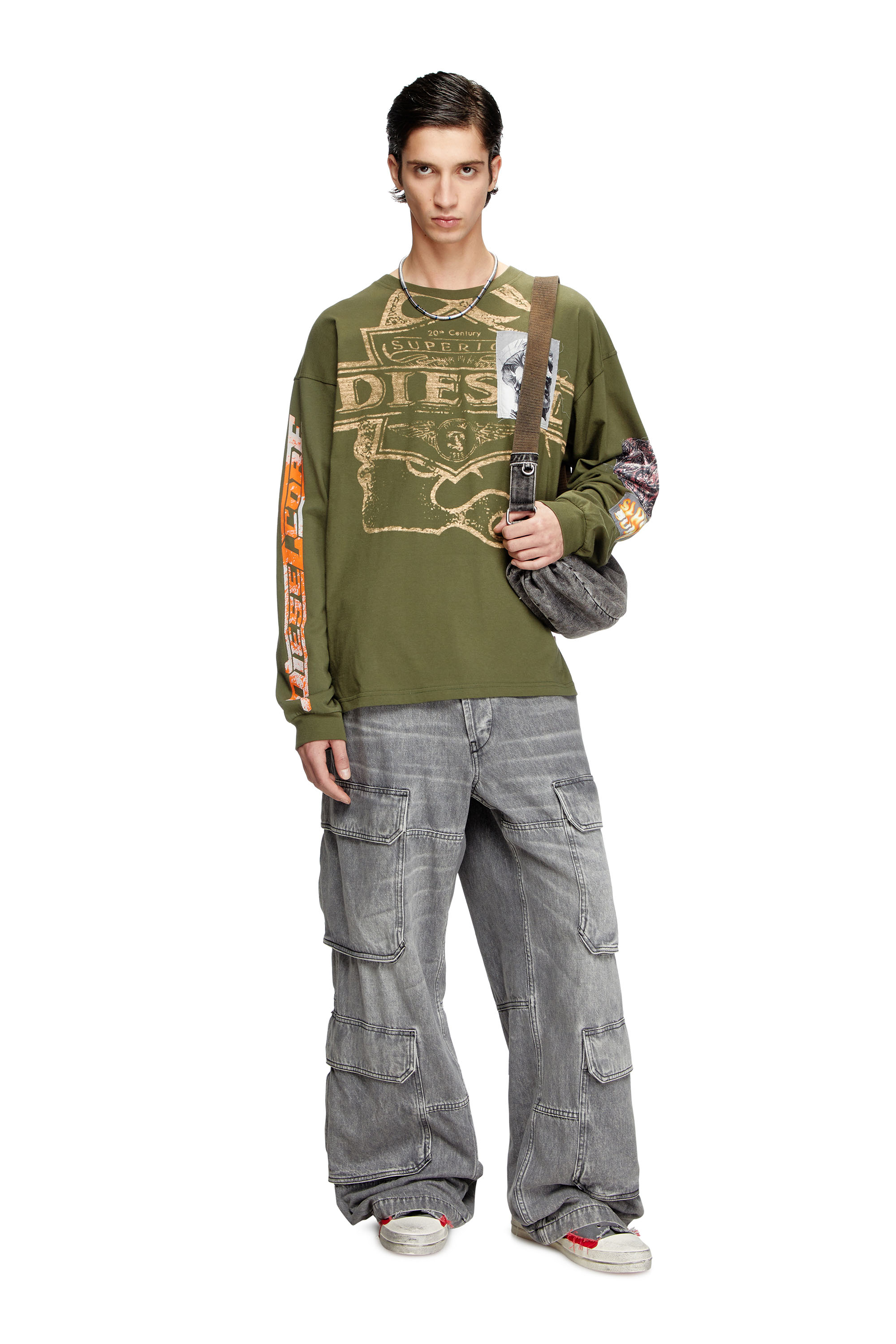 Diesel - T-BOXT-LS-SLITS-R5, Man's Long-sleeve T-shirt with graphic patches in Military Green - 2