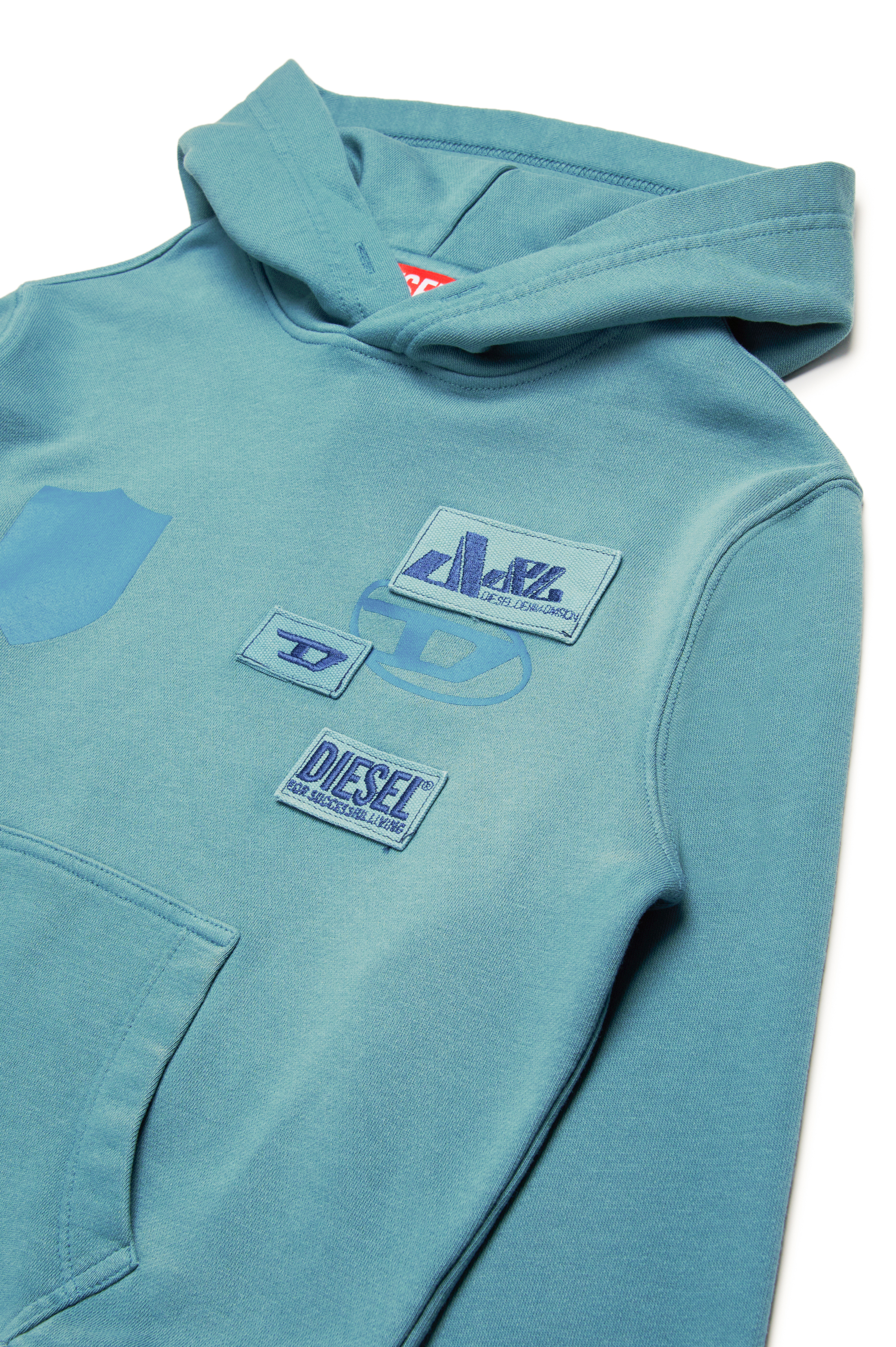 Diesel - SMACCYHOOD OVER, Man's Faded hoodie with logo patches in Light Blue - 3