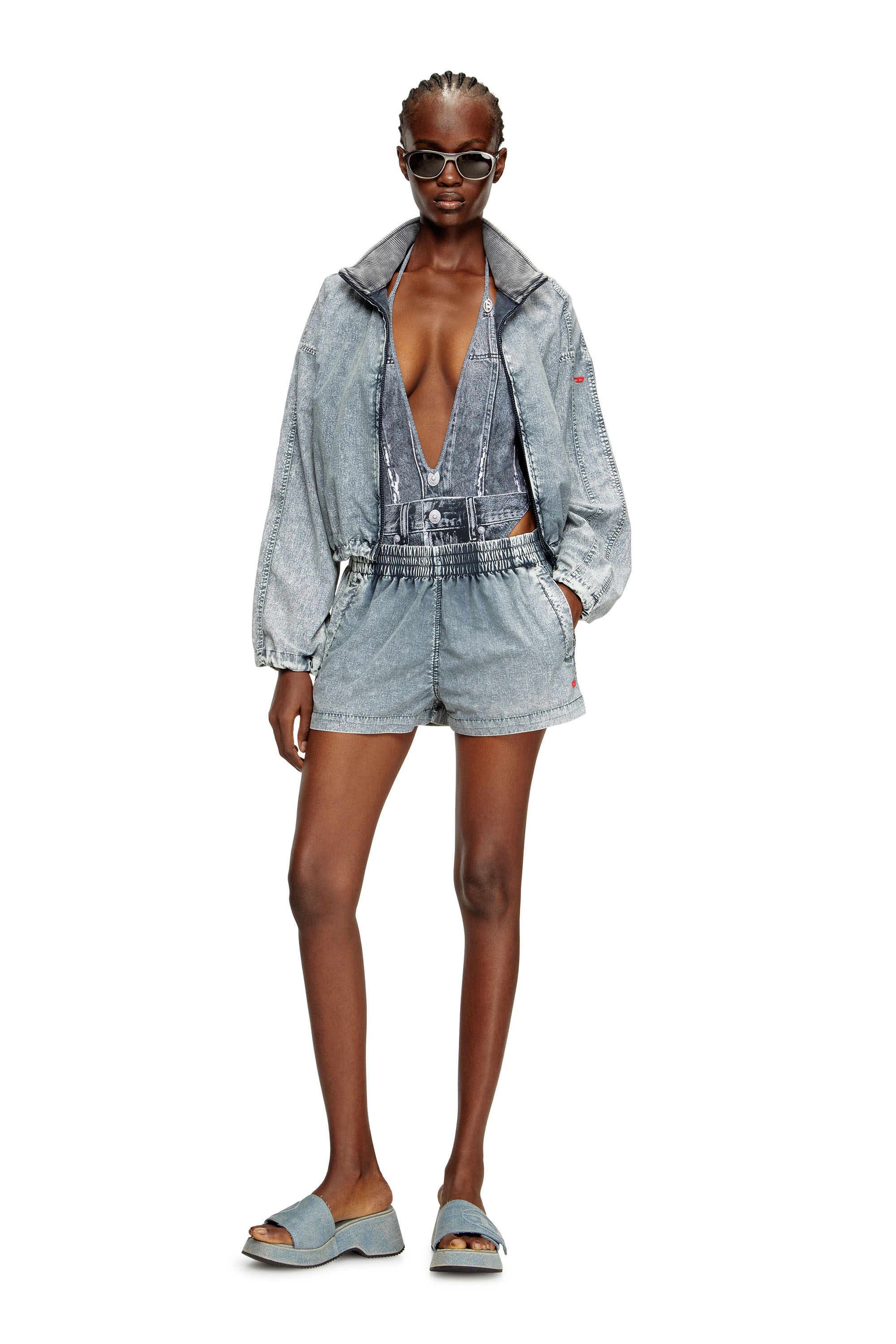 Diesel - KINSLEY-DNM, Woman's Plunging swimsuit with denim trompe l'oeil in Blue - 1