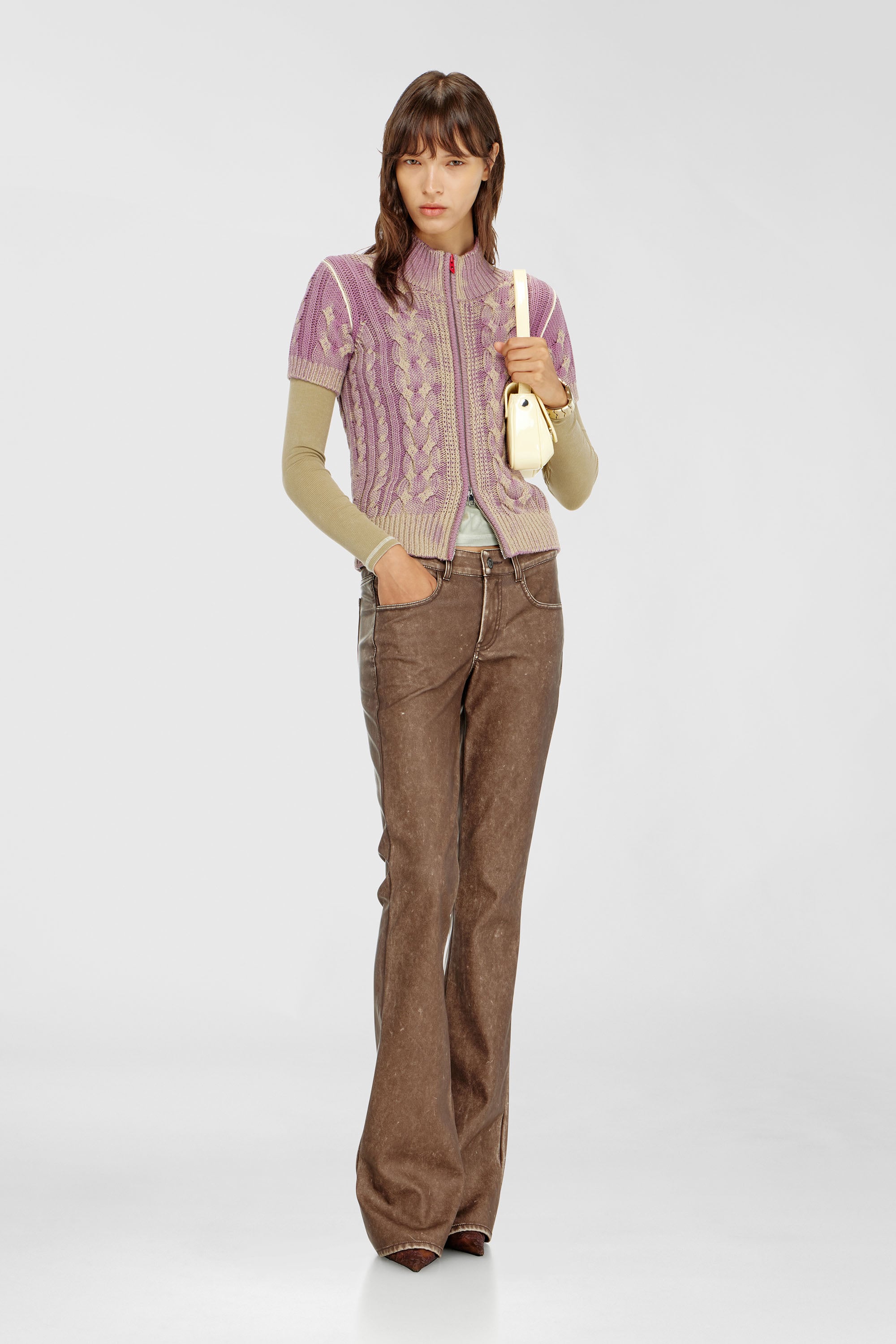 Short-sleeve zip cardigan in cable knit