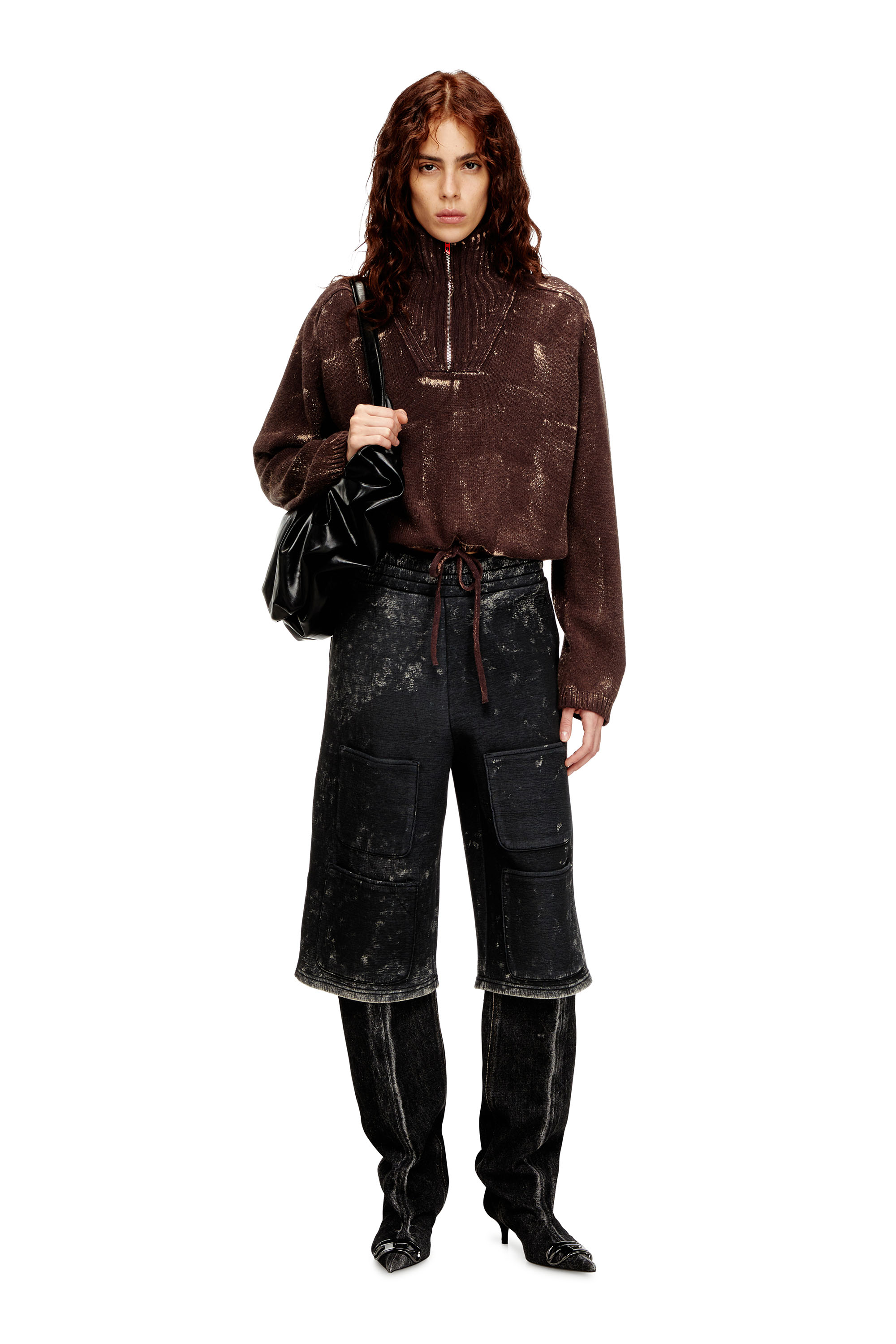 Diesel - S-TYP, Unisex's Wide-leg shorts in marble-effect scuba in Black/Dark grey - 1