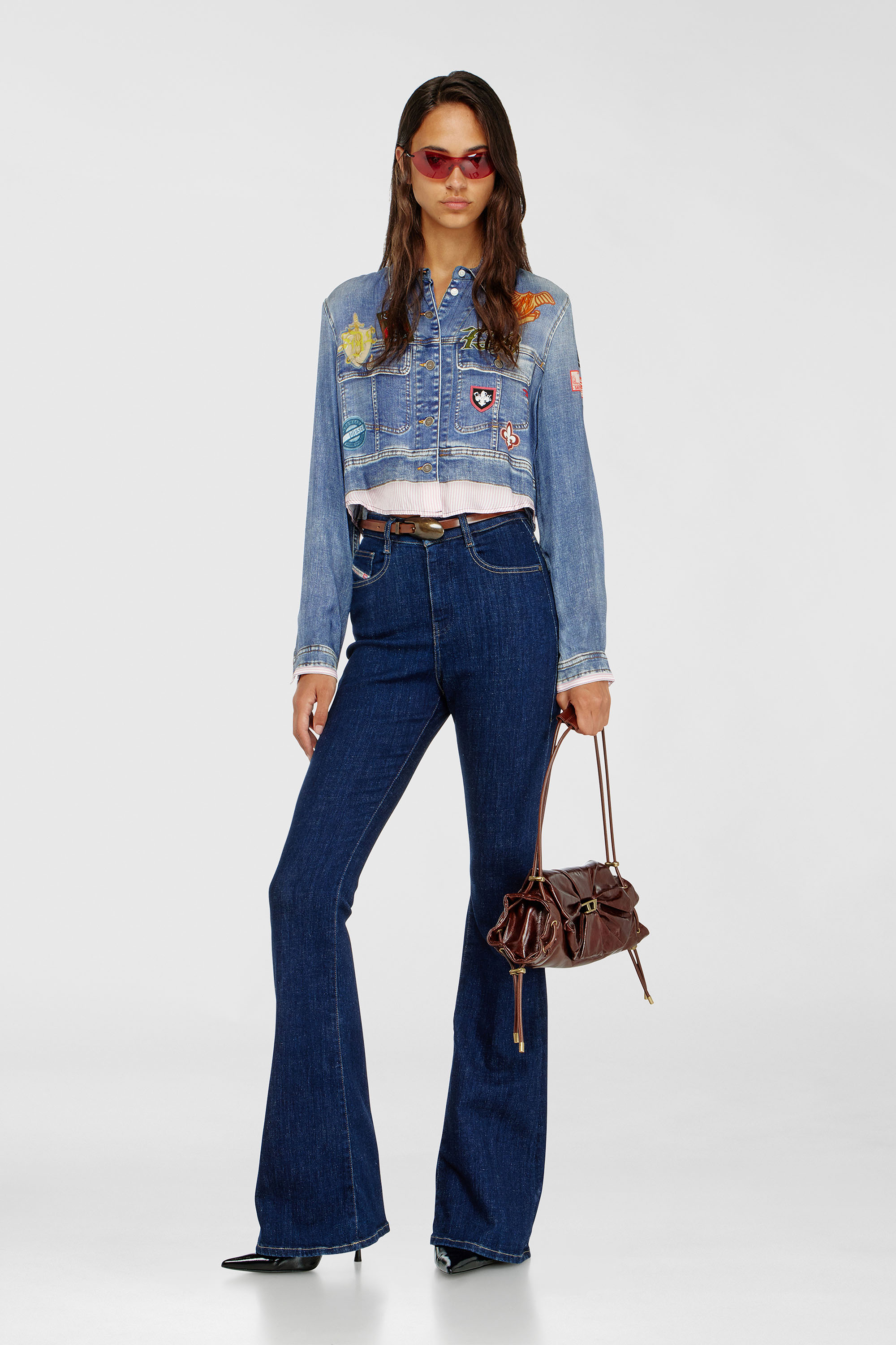 Cropped satin shirt with trompe-l&rsquo;oeil denim print
