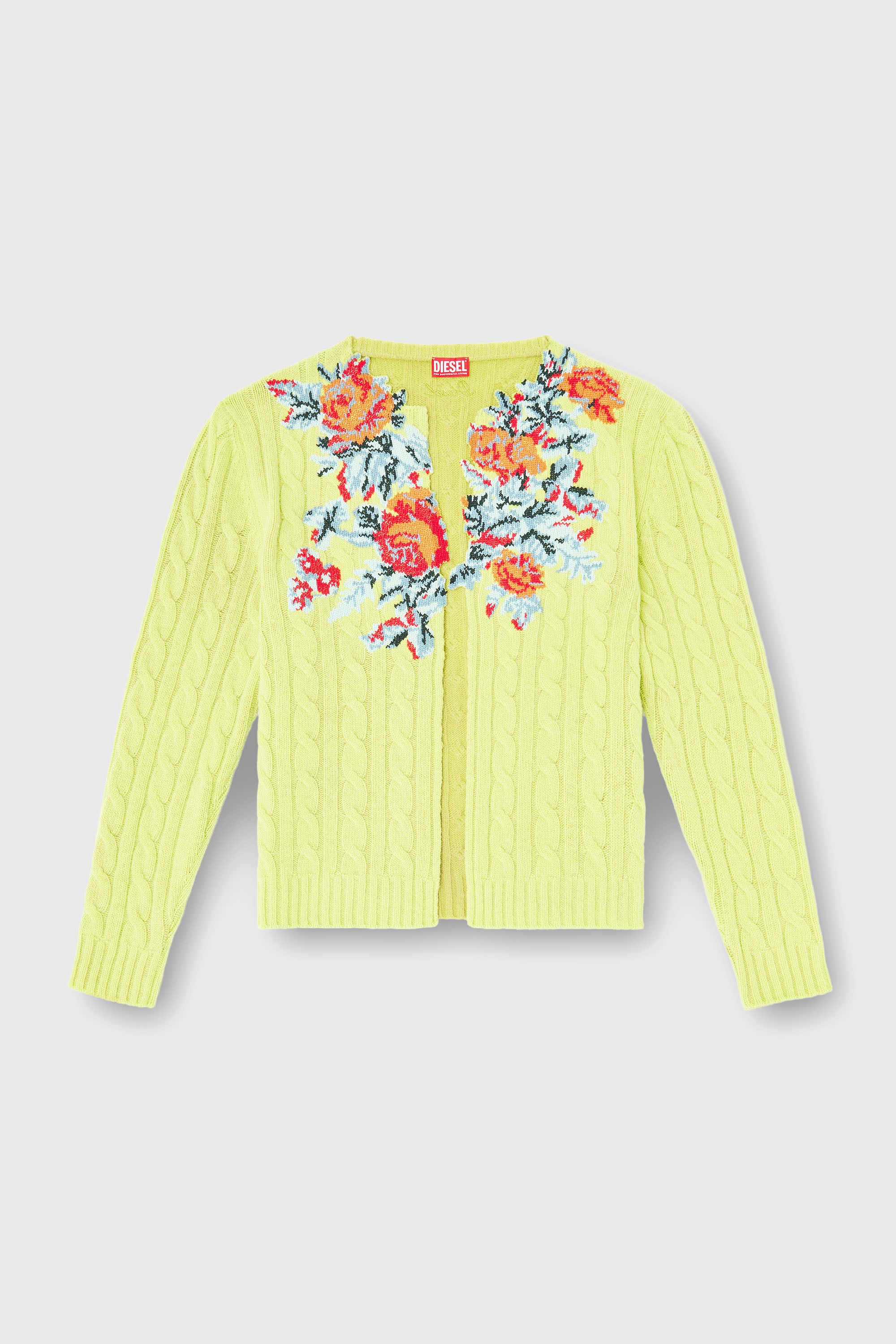 Diesel - K-RINO, Man's Open-front cardigan in floral cable knit in Yellow Fluo - 2