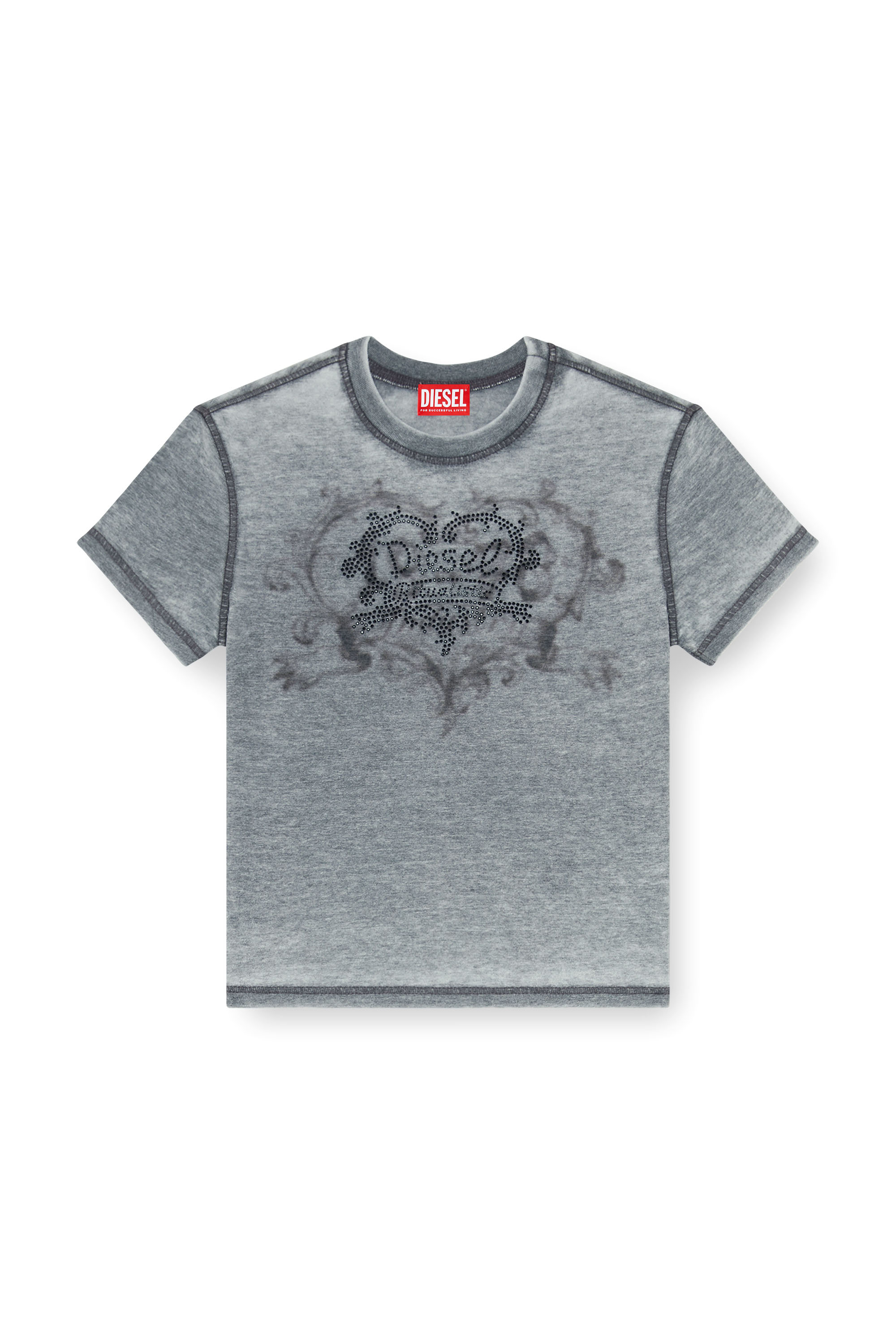Diesel - T-ILA-AA1, Woman's Jersey t-shirt with rhinestones and burnout effect in Grey - 3