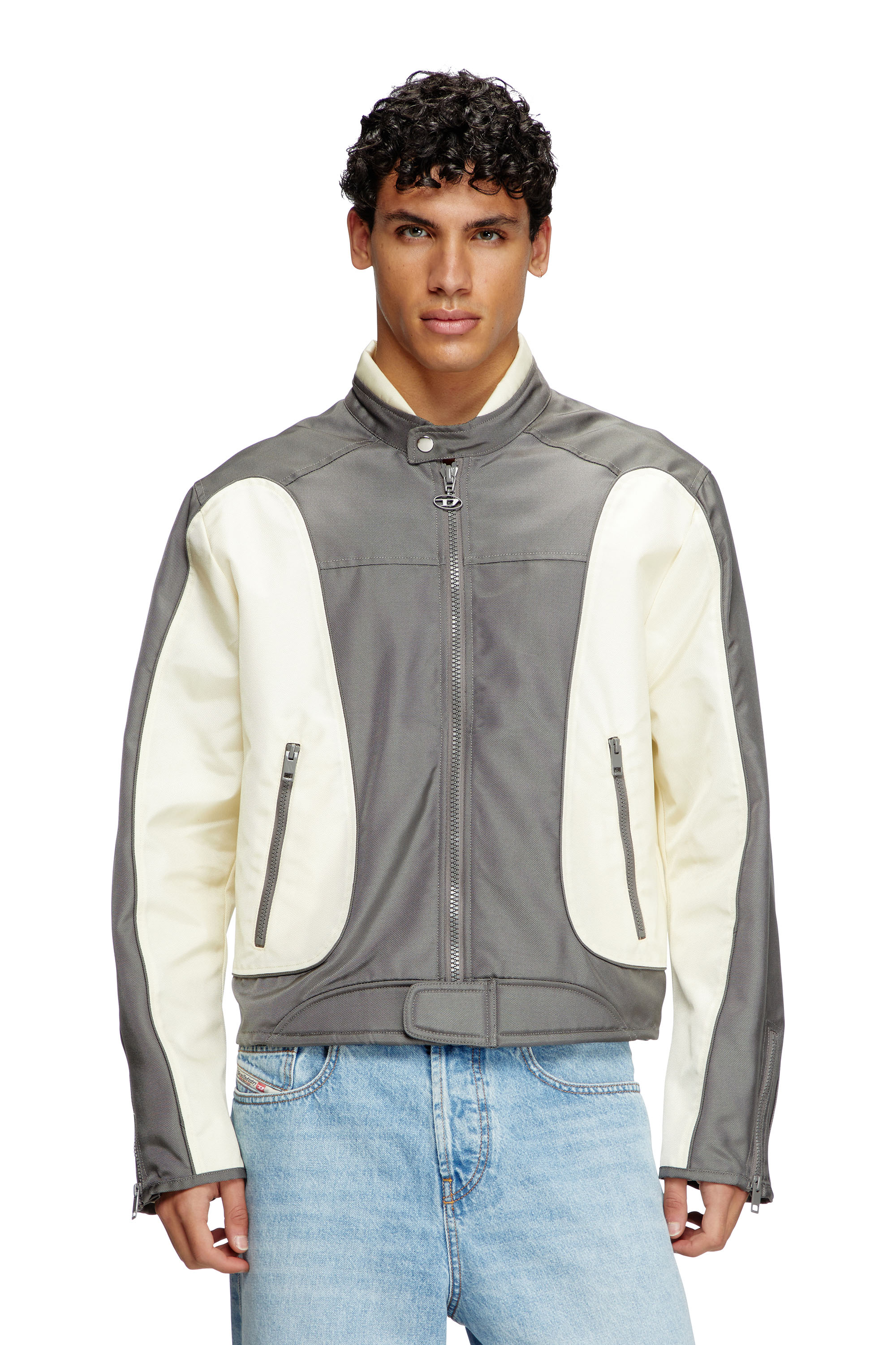 Diesel - J-BLINK-A, Man's Colour-block biker jacket with piping in Grey/White - 1