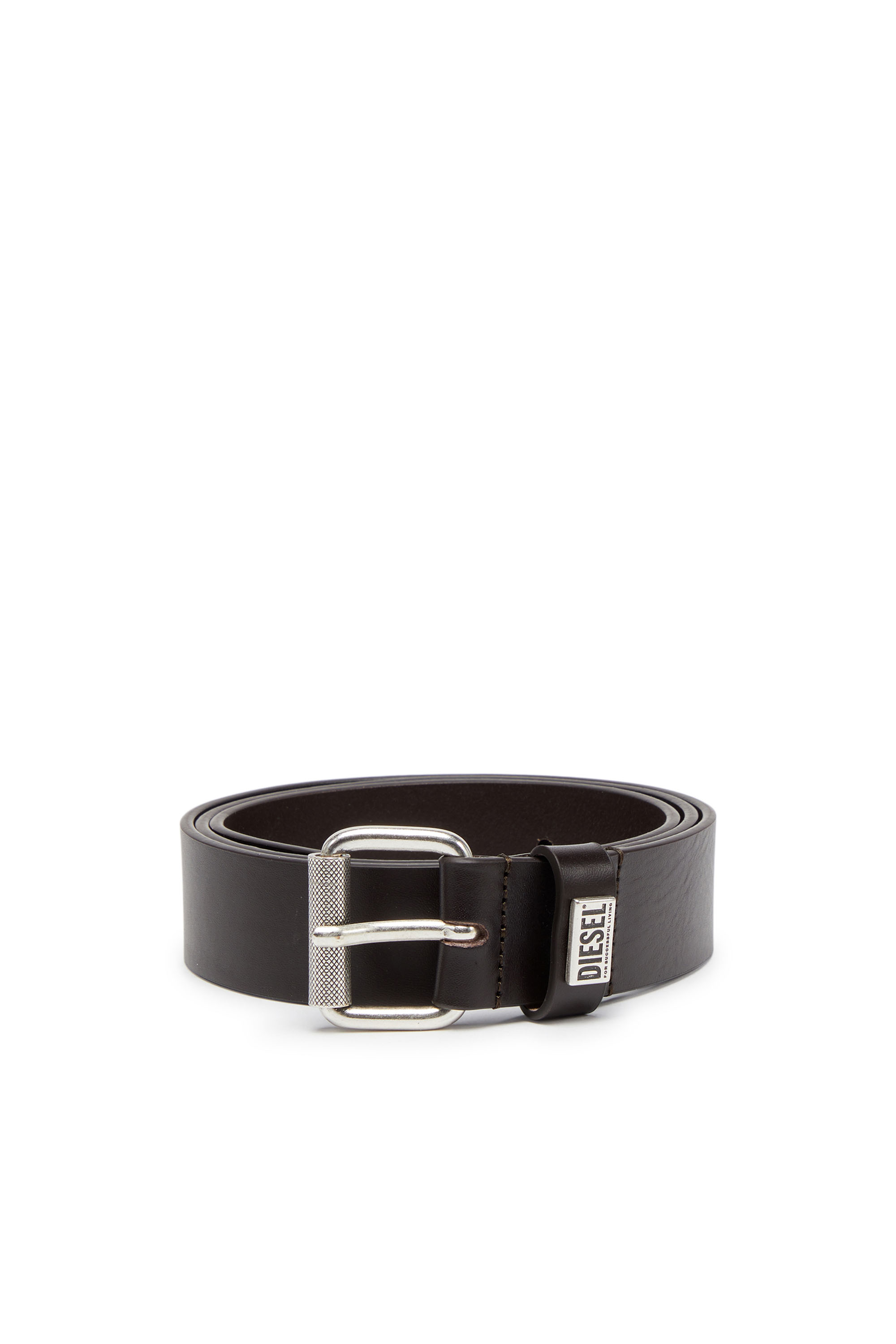 Diesel - B-BISCOTTO-LOOP, Man's 3.5cm leather belt with logo plaque in Dark Brown - 1