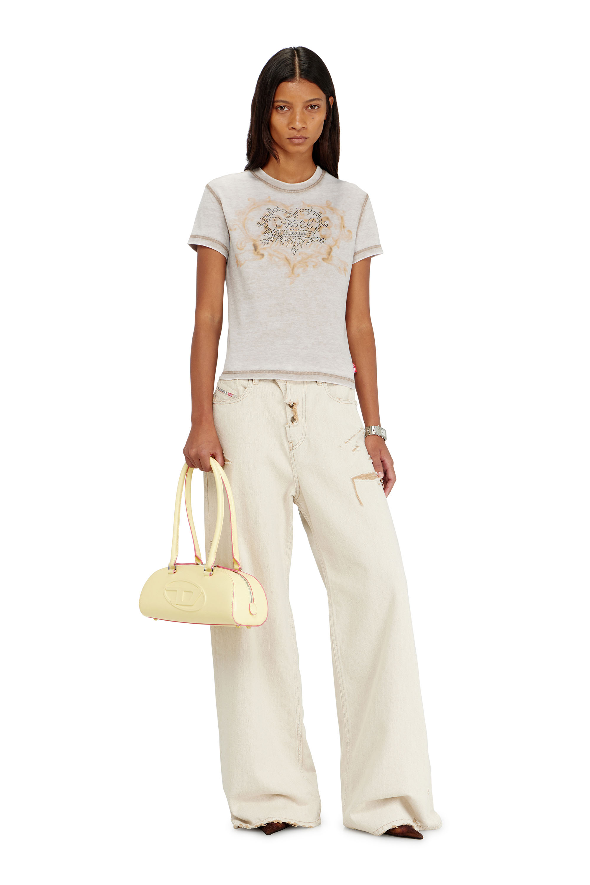 Diesel - T-ILA-AA1, Woman's Jersey t-shirt with rhinestones and burnout effect in Light Grey - 2