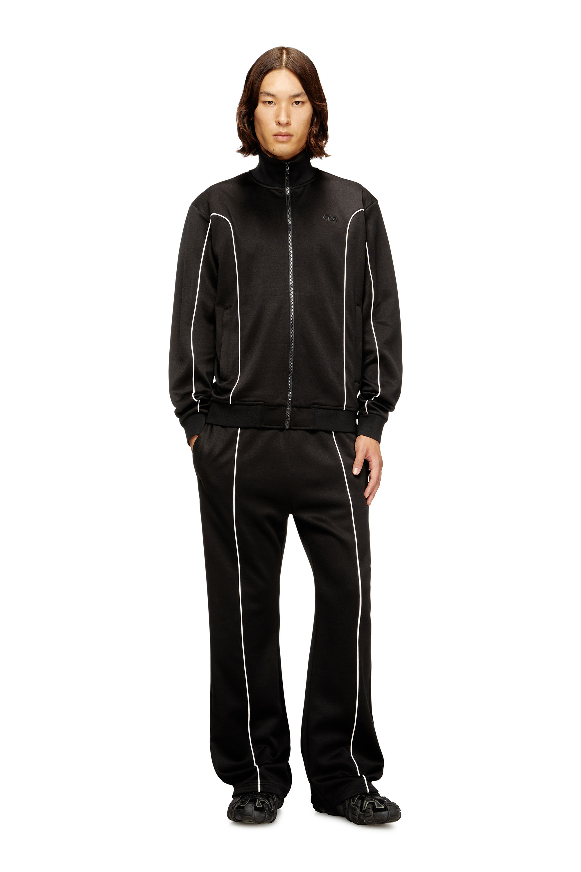 Diesel - S-LOCKING-DO, Man's Sweat fabric track jacket with contrast piping in Black - 1