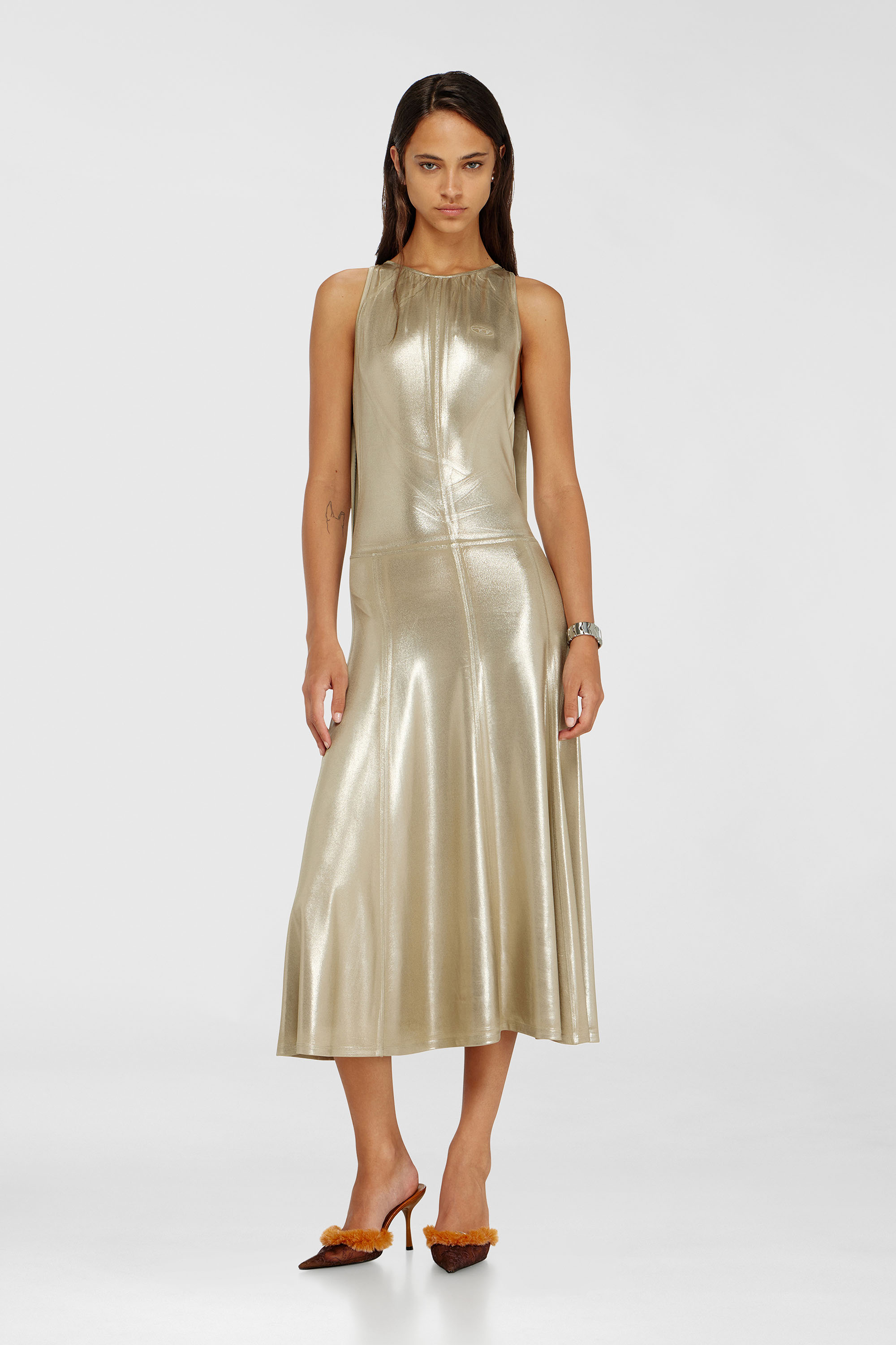 Diesel - D-DYVYNY, Woman's Fluid metallic midi dress with open back in Gold - 1