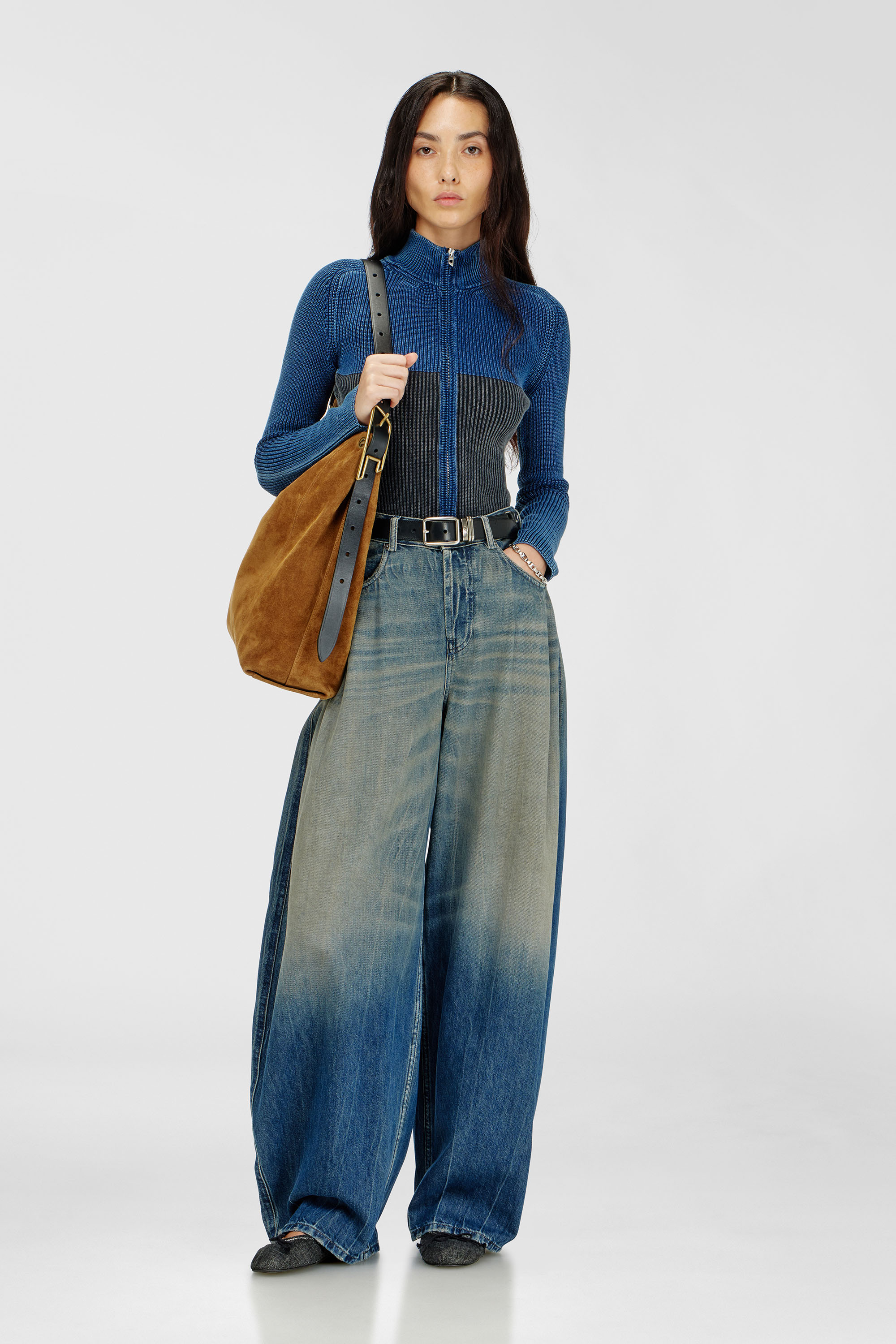 Zip-up cardigan with two-tone denim effect
