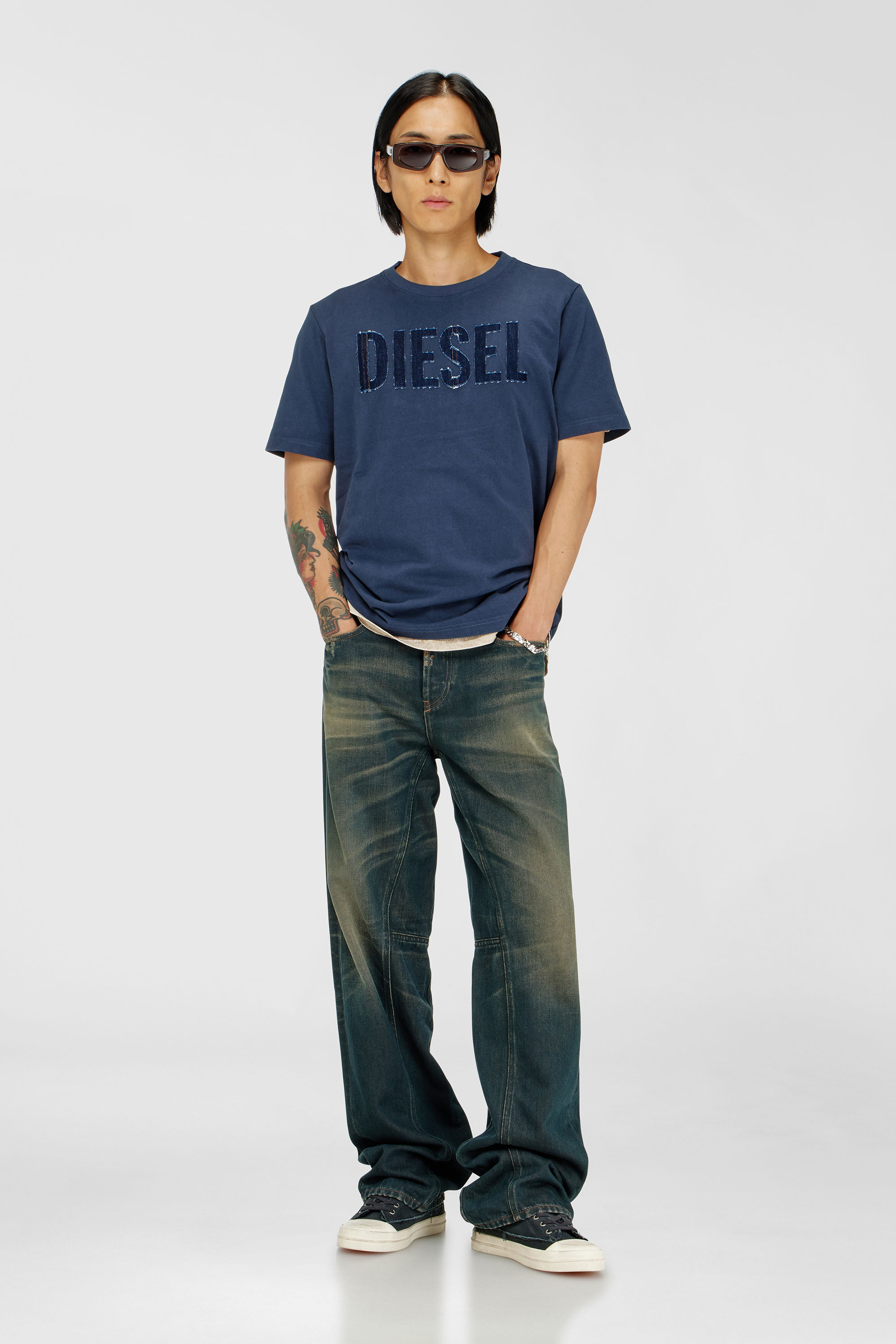 Diesel - T-JUST-APP-T92, Man's Cotton T-shirt with tonal Diesel logo print in Blue - 2