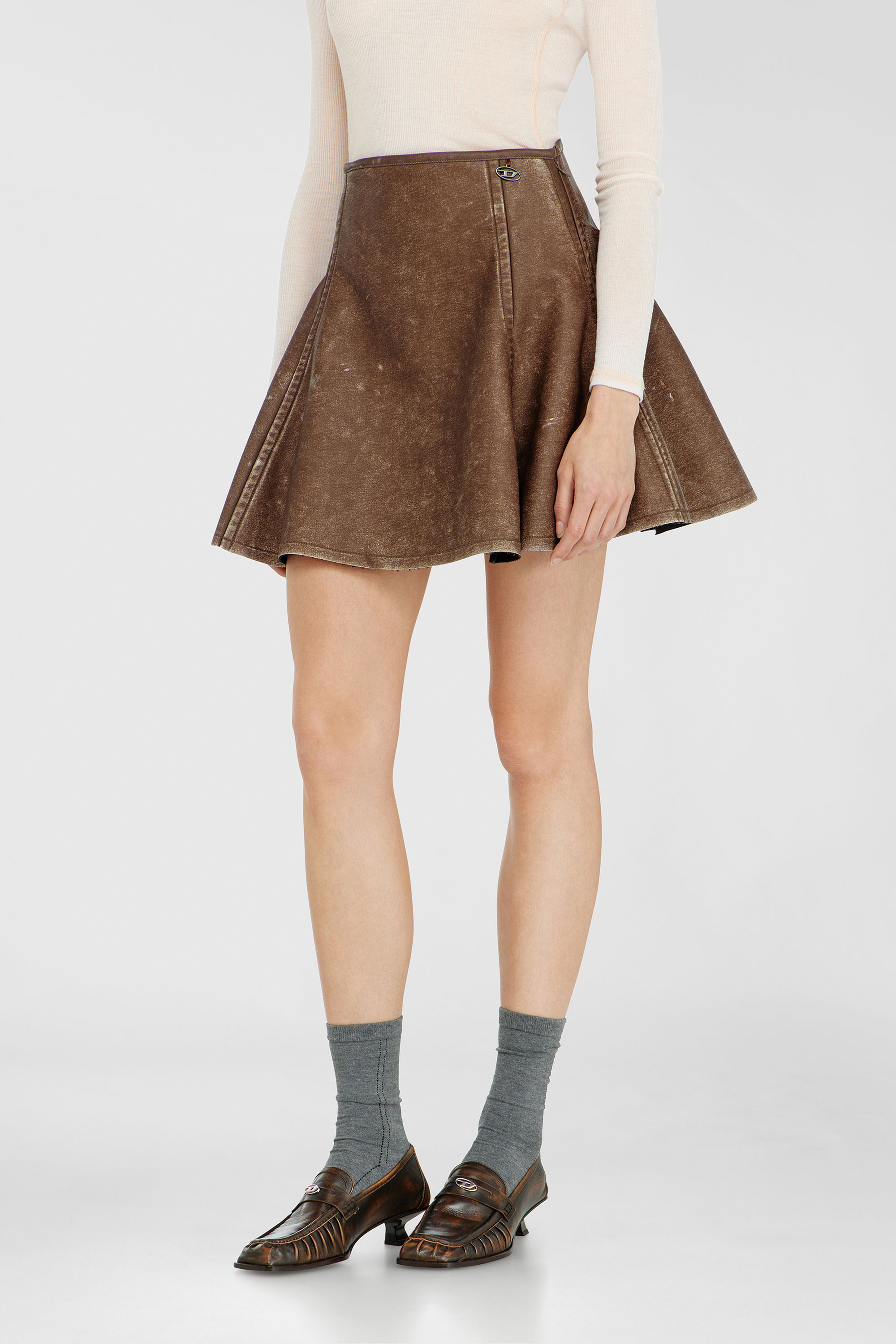 Diesel - O-ERINA, Woman's Flared miniskirt in bonded material in Brown - 3