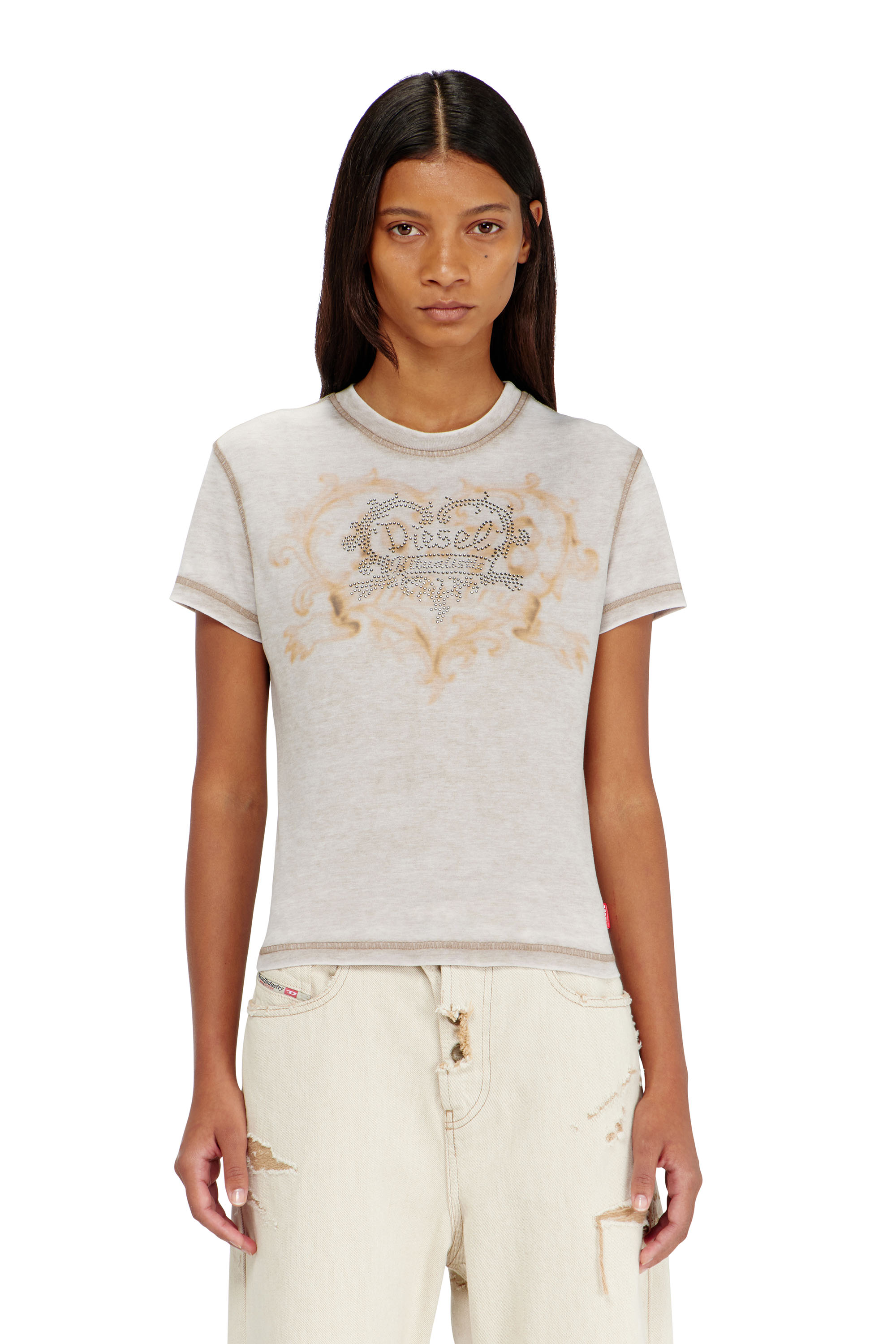 Diesel - T-ILA-AA1, Woman's Jersey t-shirt with rhinestones and burnout effect in Light Grey - 1
