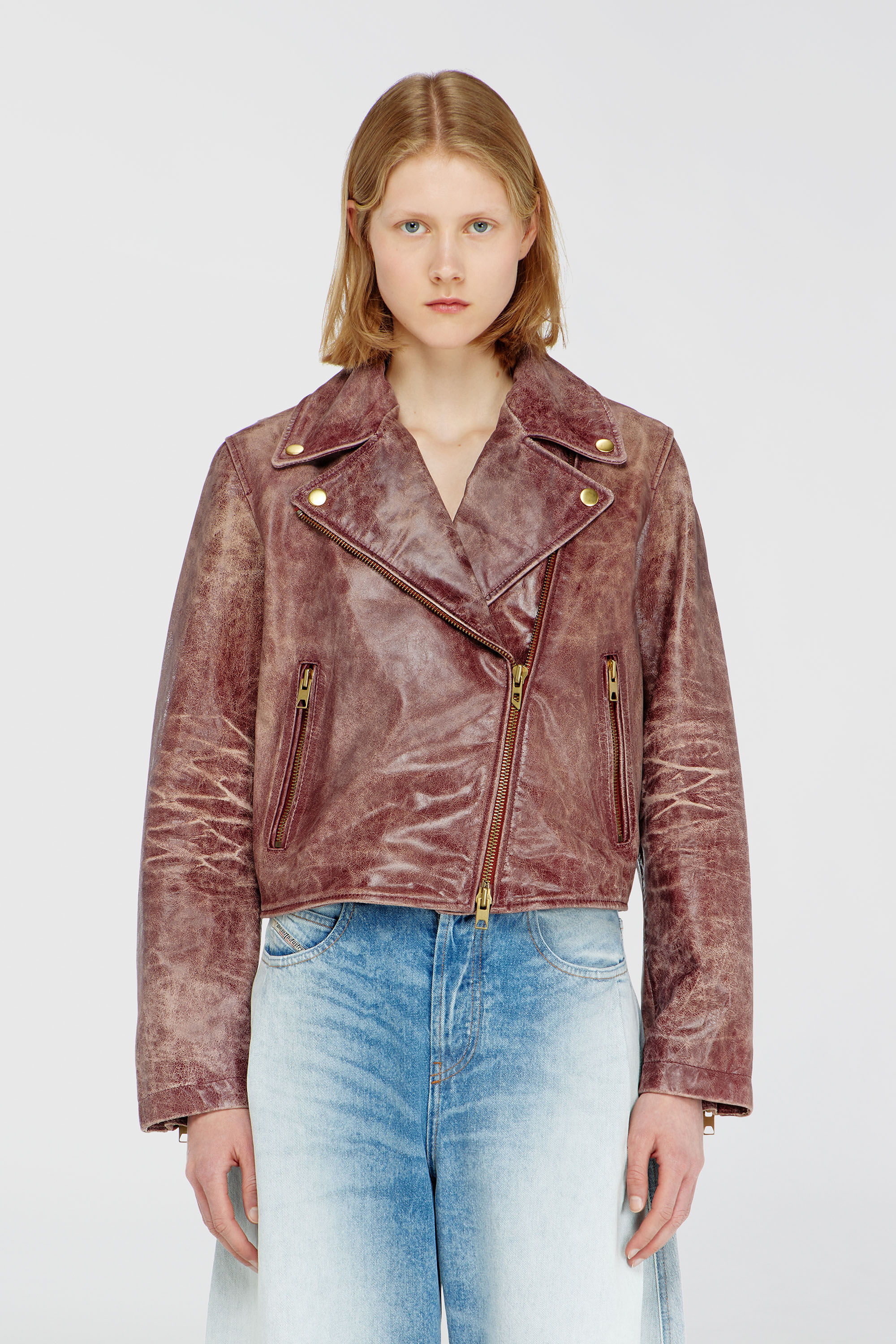 Diesel - L-UNATIC-T1, Woman's Biker jacket in treated leather in Brown - 5