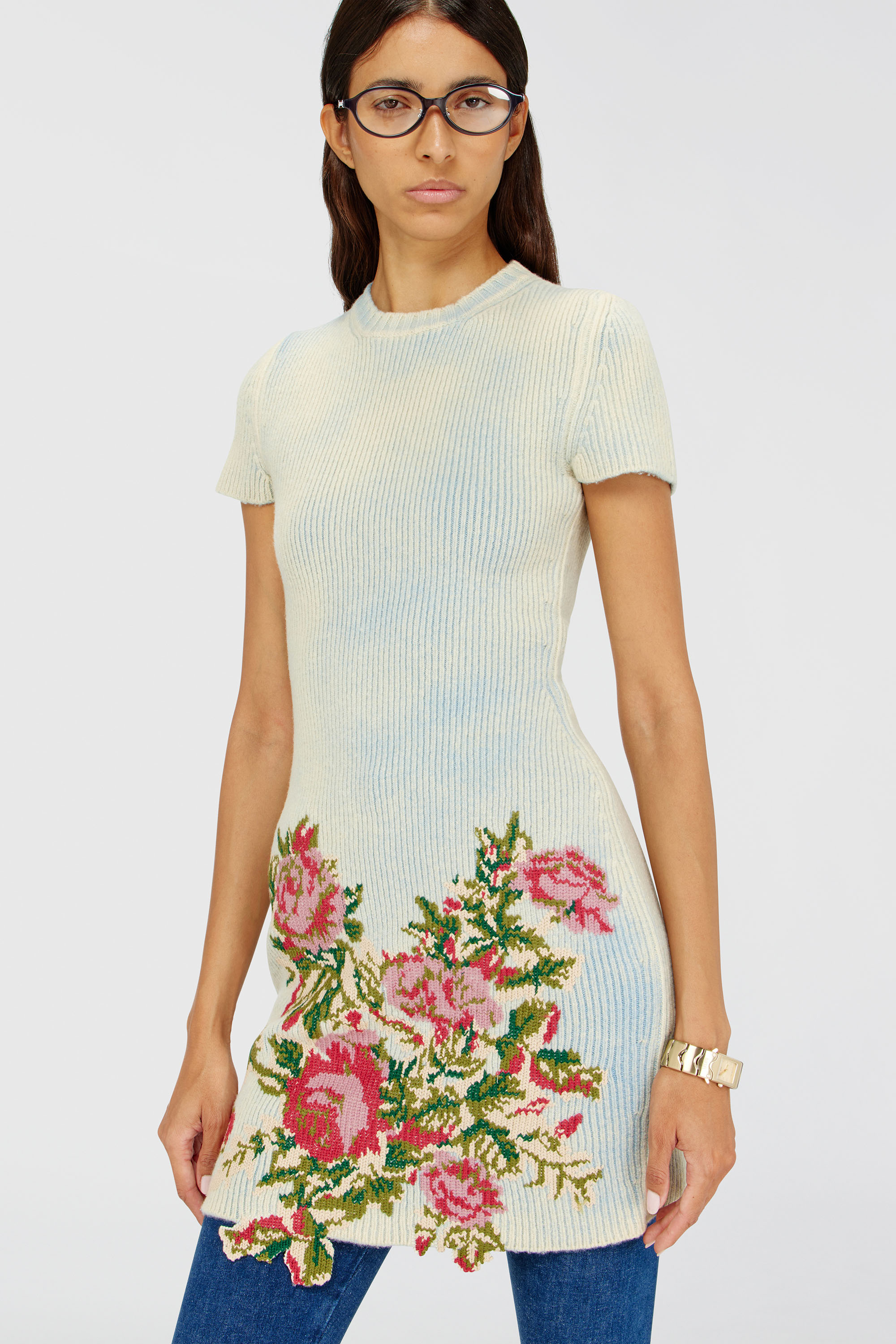 Diesel - M-RINNIE, Woman's Short dress in floral wool-blend knit in Pink/Blue - 5