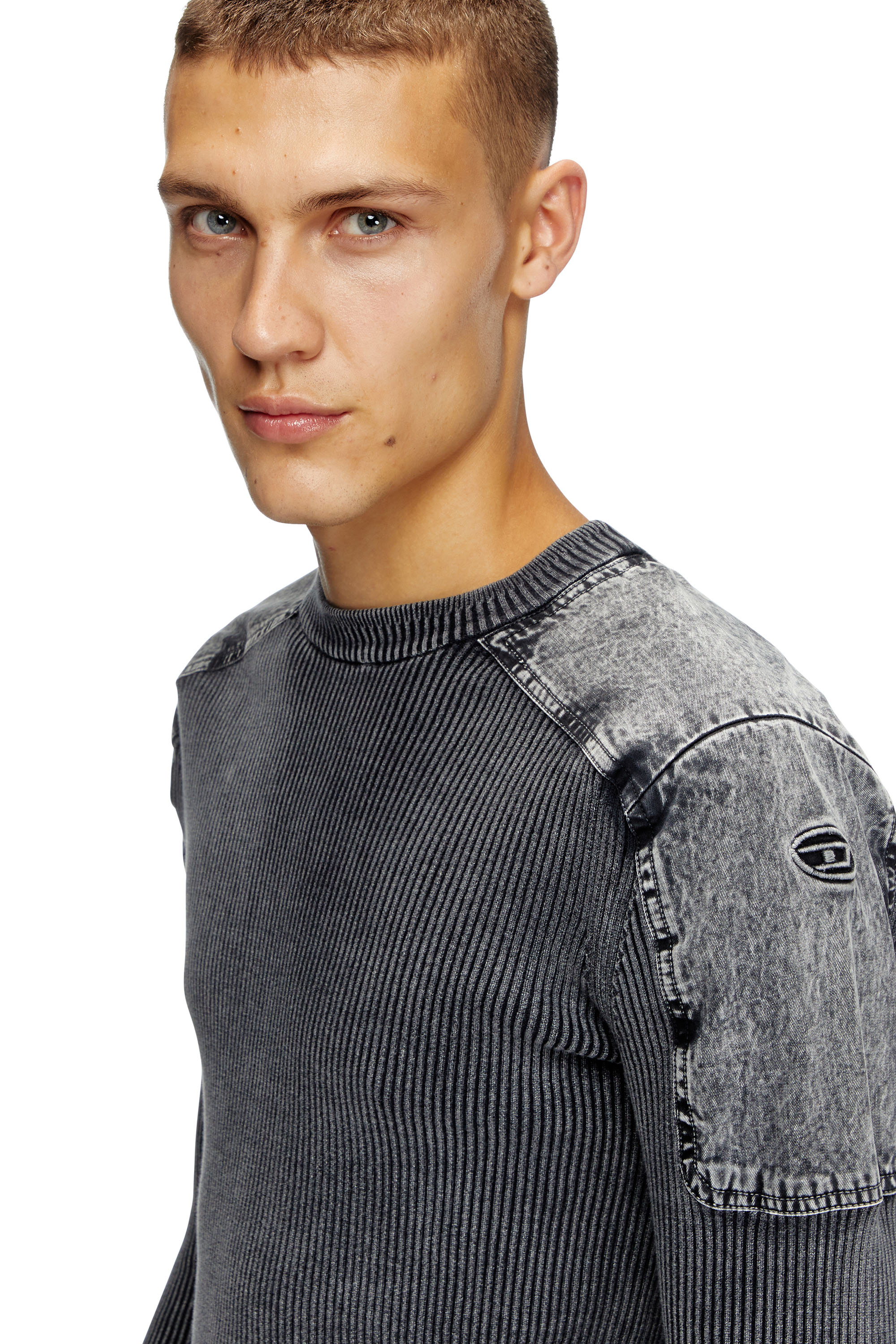 Diesel - K-MARTIN, Man's Jumper with denim shoulder panels in Dark grey - 5