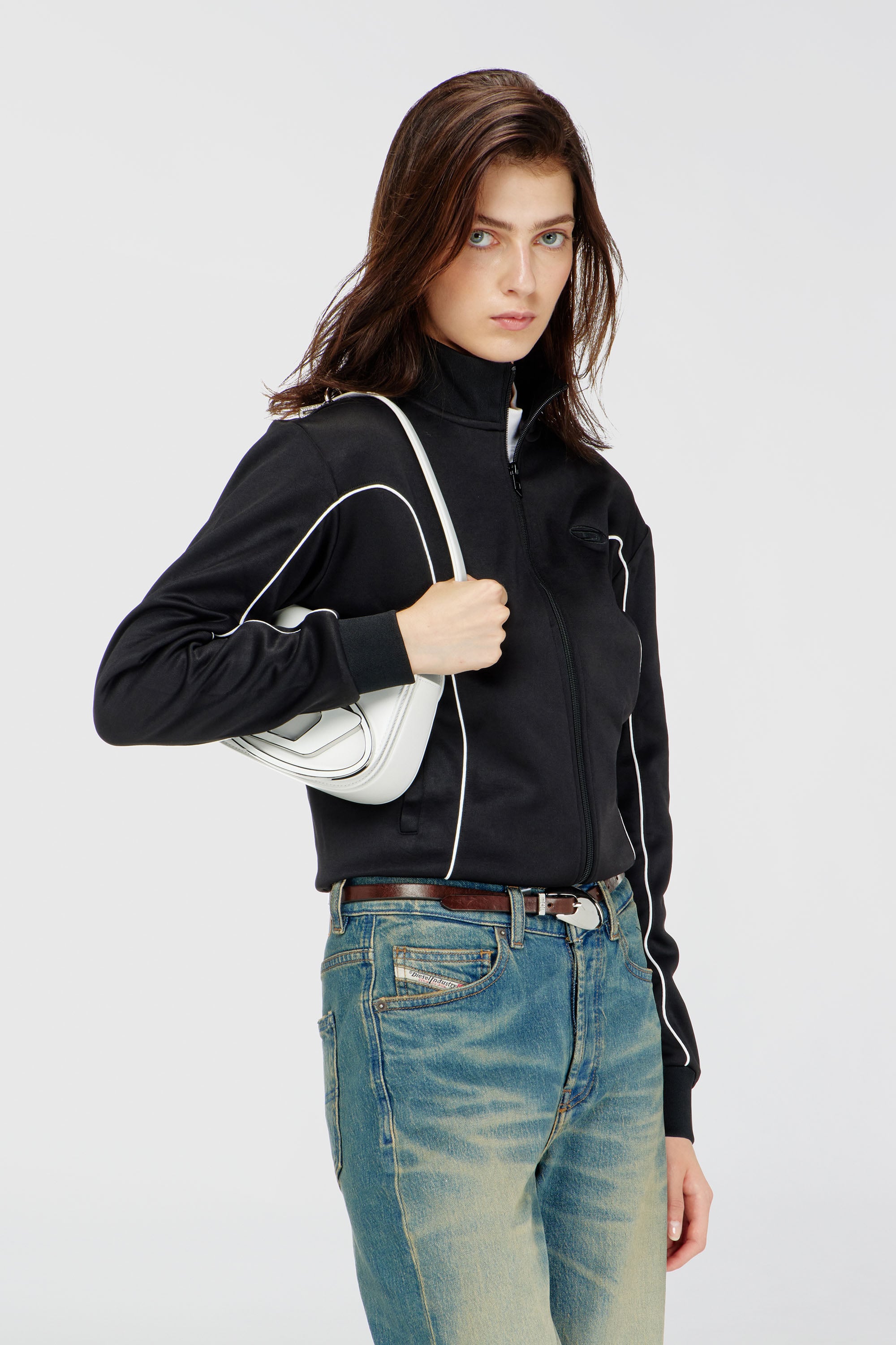 Diesel - F-LOCKING-OD, Woman's Sweat-jacket with contrast piping in Black/White - 1
