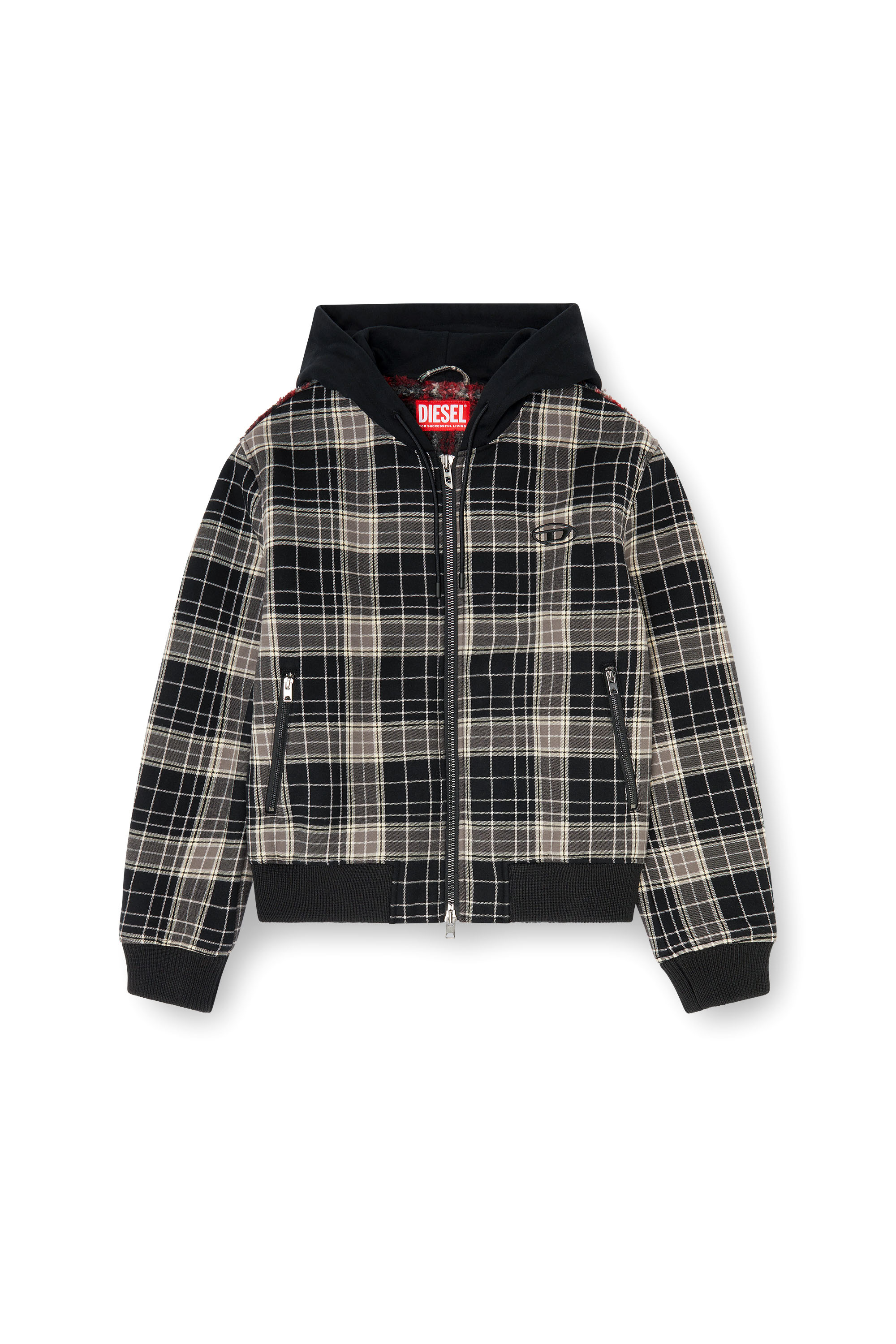 Diesel - W-KUNST, Man's Check-flannel bomber jacket with teddy interior in Grey/Black - 2