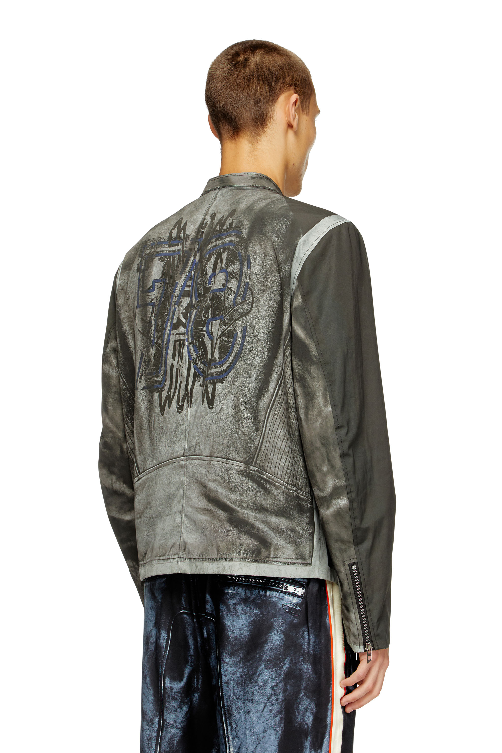 Diesel - J-EVERT, Man's Biker jacket in printed canvas in Dark grey - 4