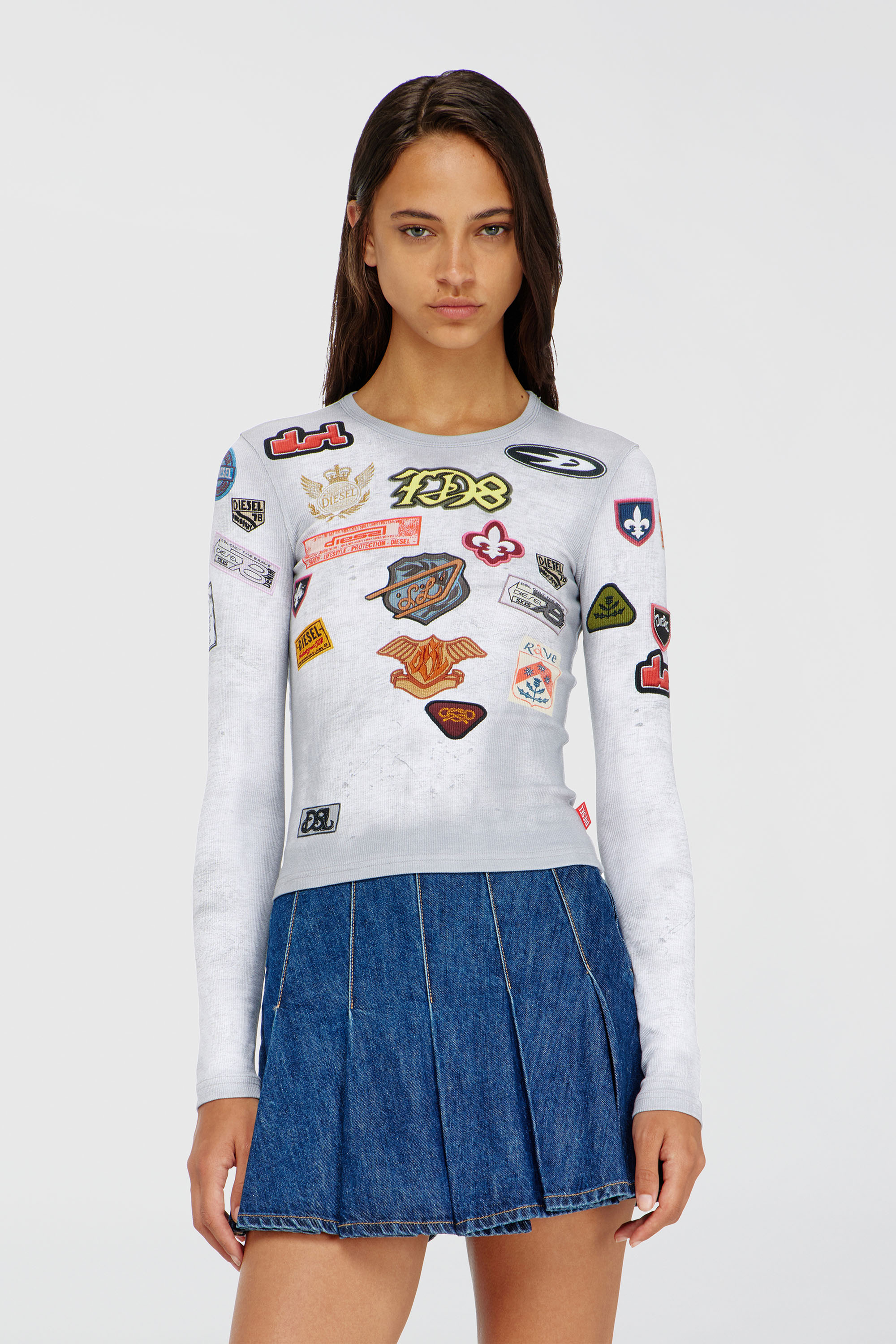 Diesel - T-ELE-LONGSLEEVE, Woman's Top in ribbed jersey with all-over patch print in White - 3
