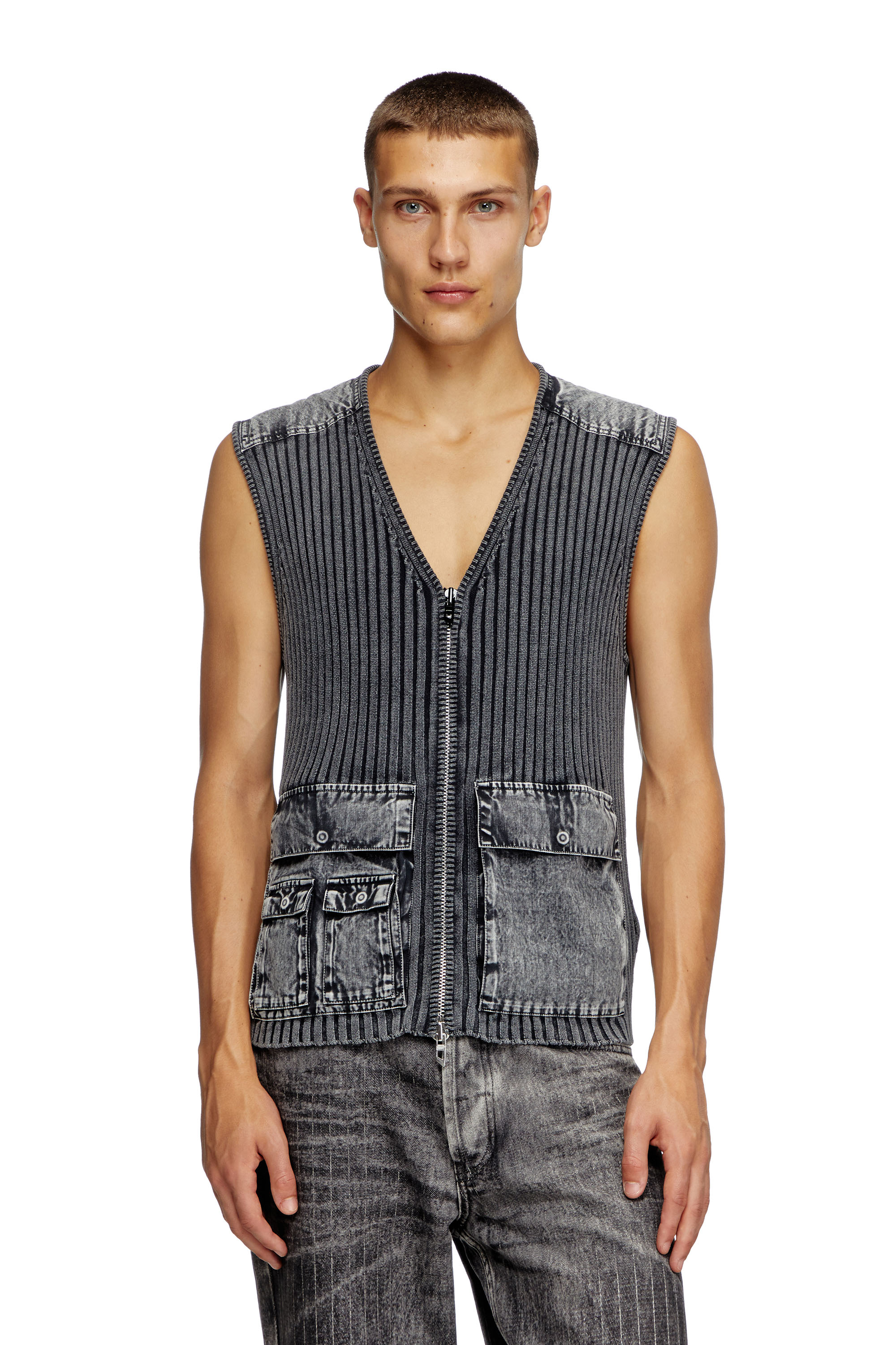 Diesel - K-MARGIE, Man's Utility vest in ribbed knit and denim in Dark grey - 6