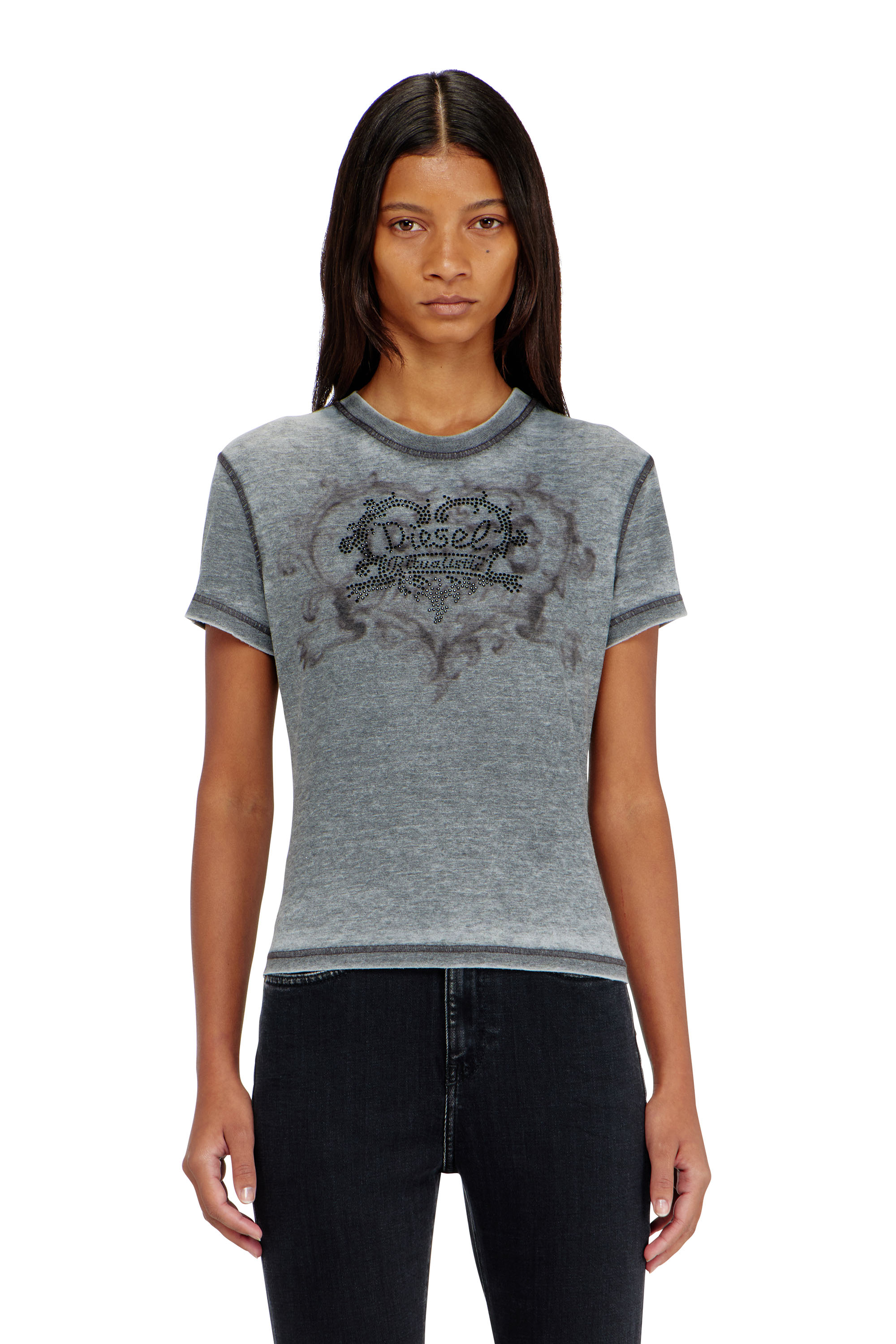 Diesel - T-ILA-AA1, Woman's Jersey t-shirt with rhinestones and burnout effect in Grey - 1