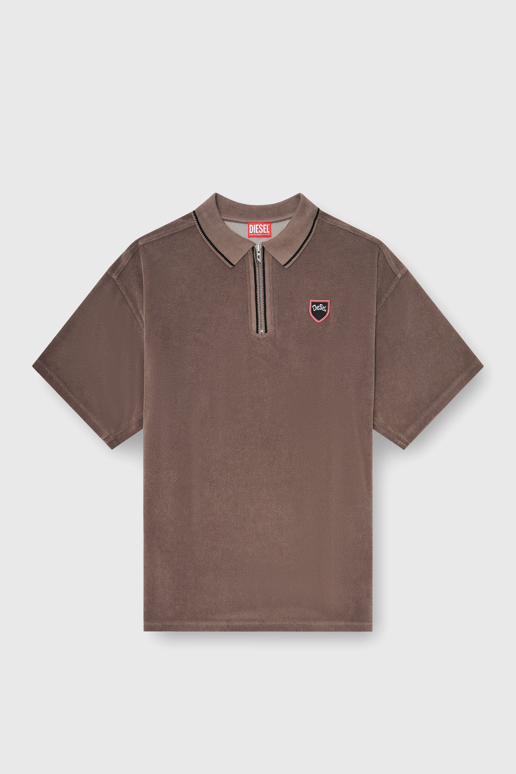 Diesel - T-SPONGY-ZIP, Man's Chenille polo shirt with shield patch in Brown - 2