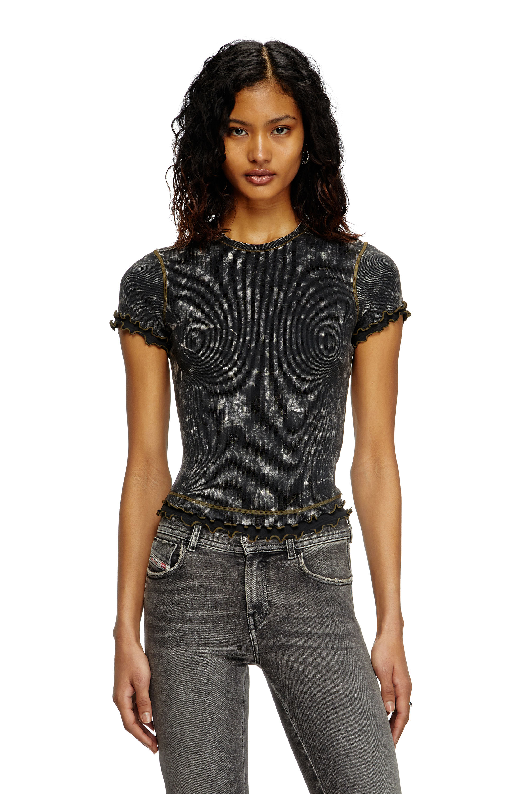 Diesel - T-FLU, Woman's Marbled T-shirt with ruffled trims in Black - 1