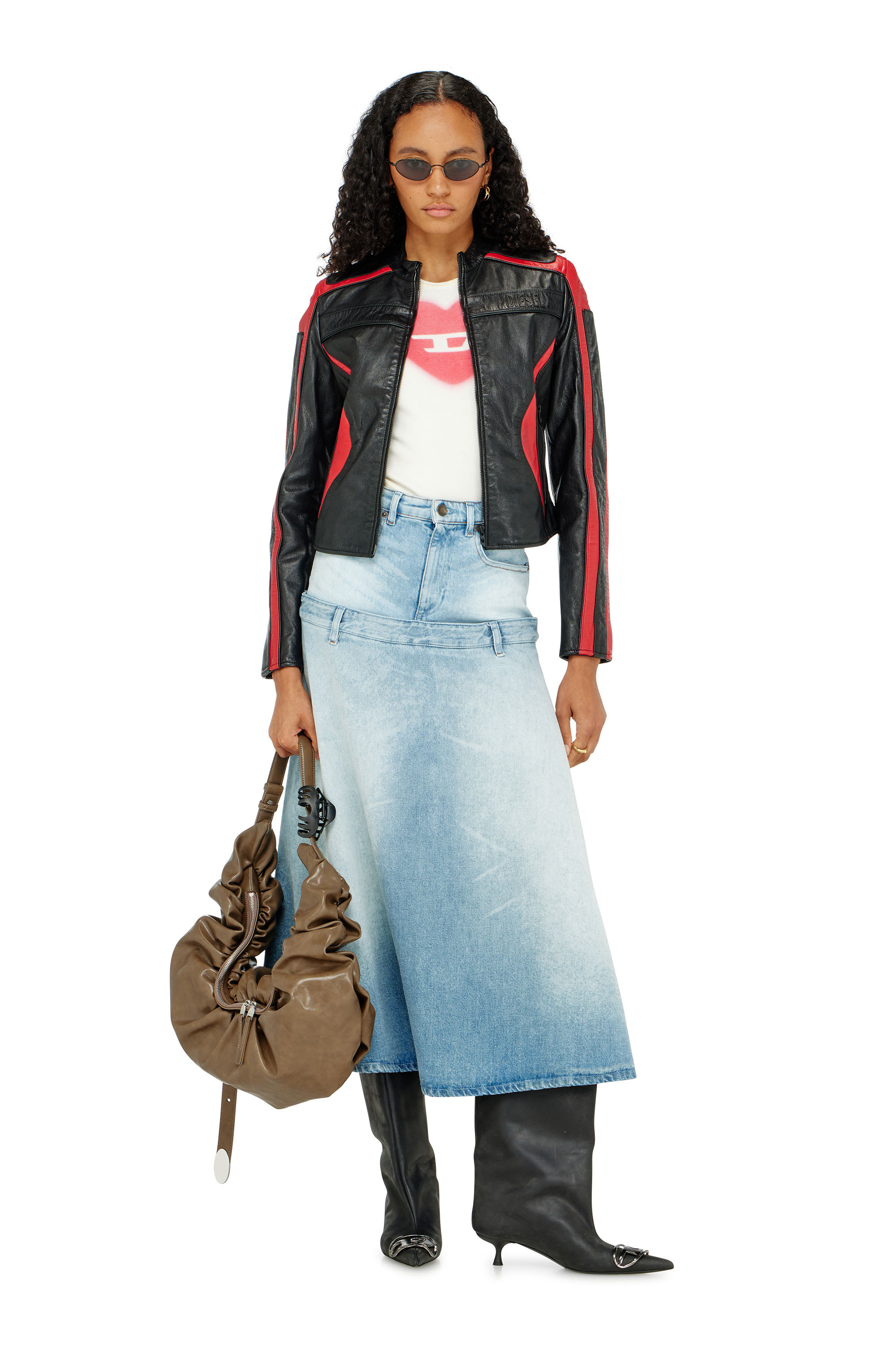 Diesel - L-OVABLE, Woman's Biker jacket in colour-block leather in Black/Red - 2