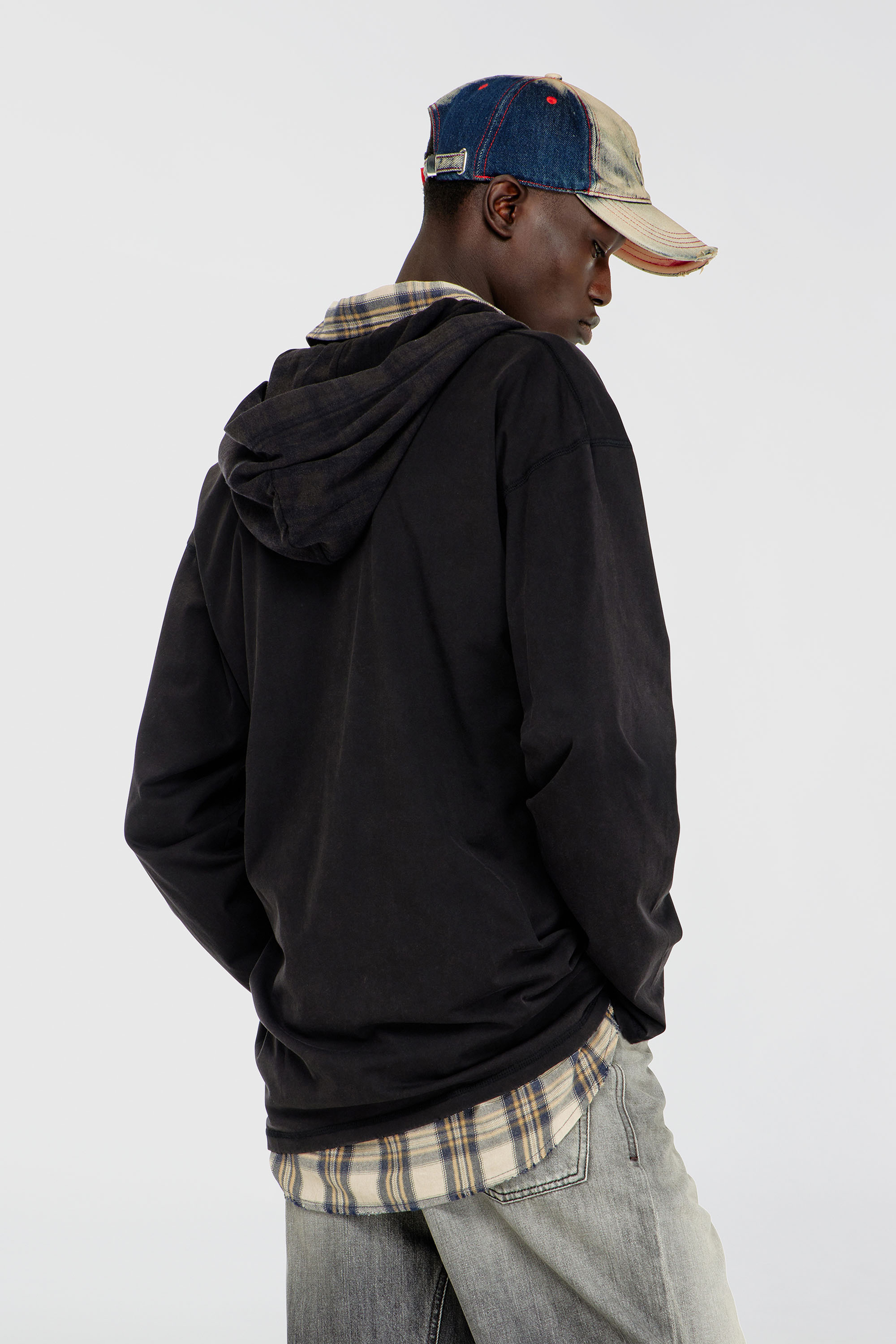 Diesel - T-BOXT-LS-HOOD-CHECK, Man's Long-sleeve T-shirt with flannel hood in Black - 4