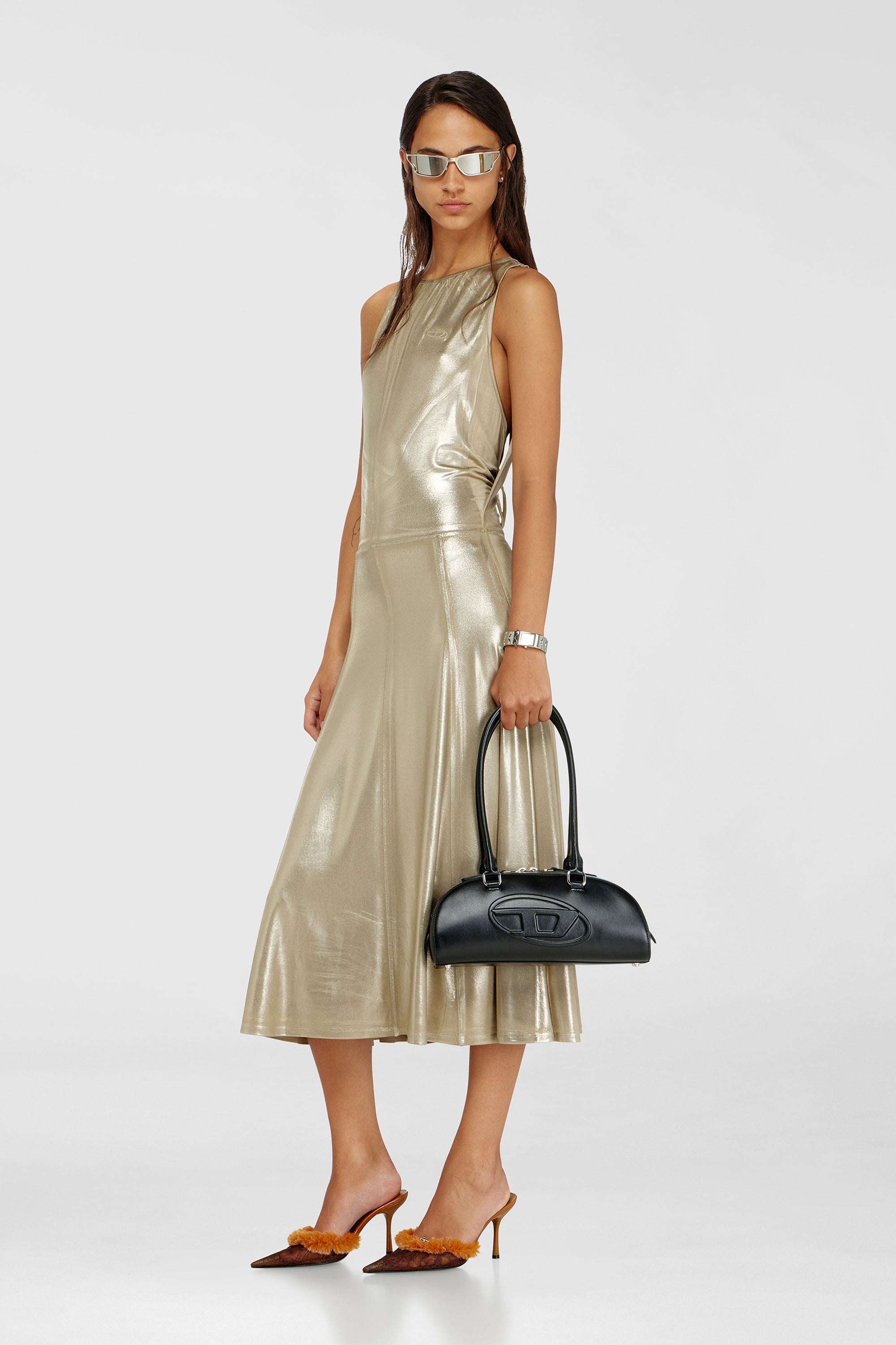 Diesel - D-DYVYNY, Woman's Fluid metallic midi dress with open back in Gold - 2