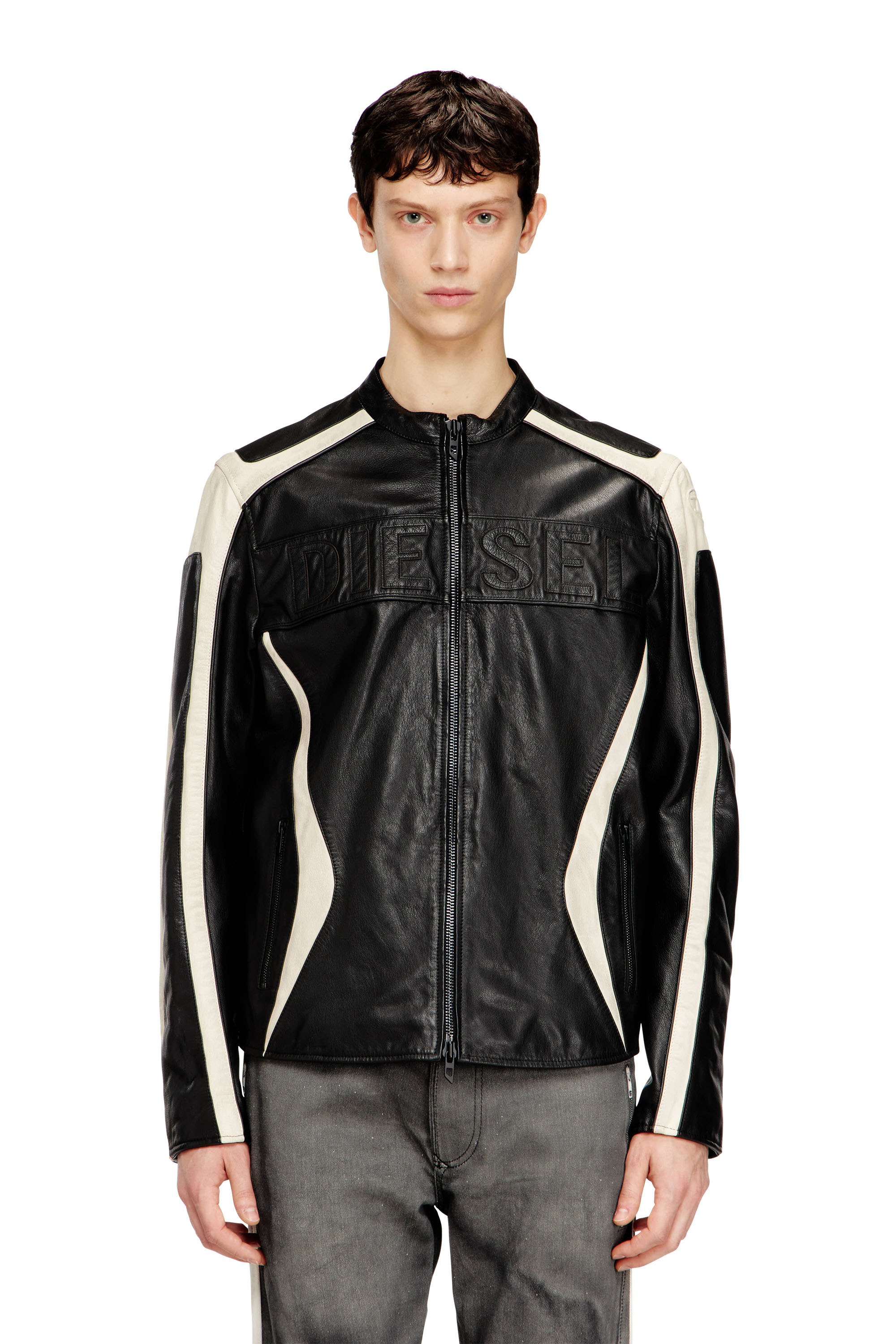 Diesel - L-ADAM, Man's Colour-block leather biker jacket in Black/White - 3
