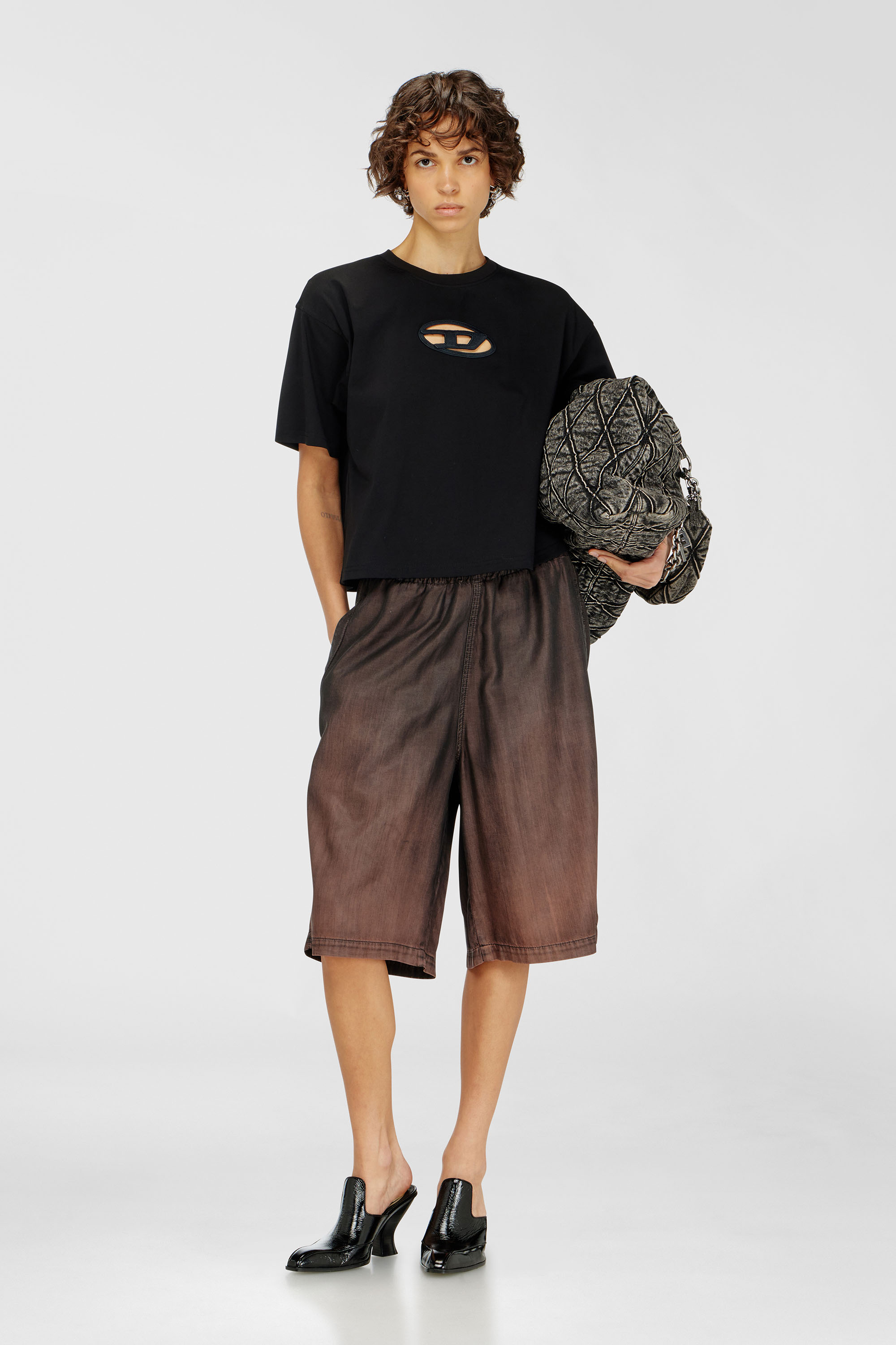 Diesel - T-BUXT-CROP-OD, Woman's Boxy T-shirt with cut-out Oval D logo in Black - 1