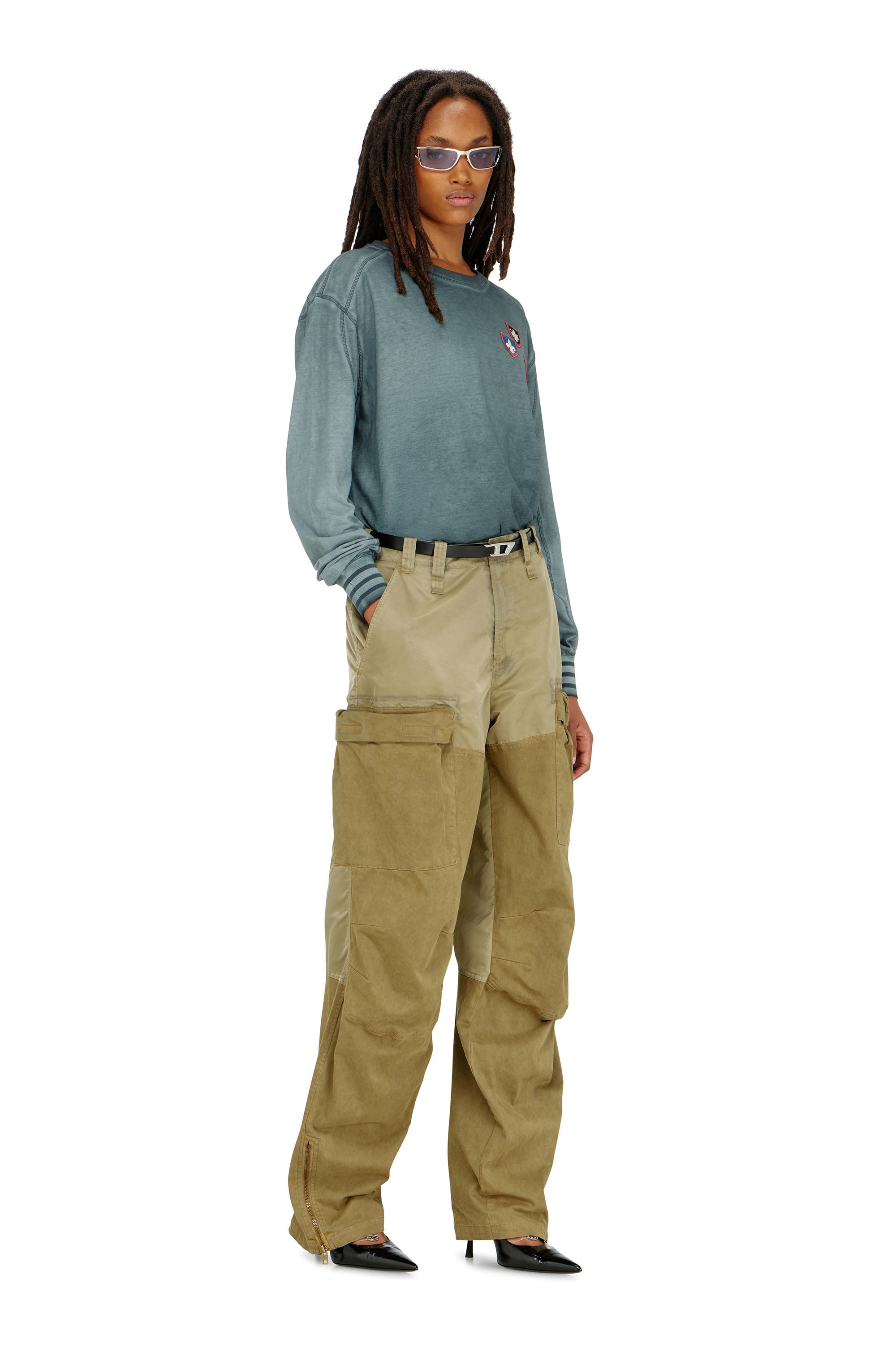 Diesel - T-BAWYE-LS, Woman's T-shirt with patches and microwaffle inserts in Blue - 2