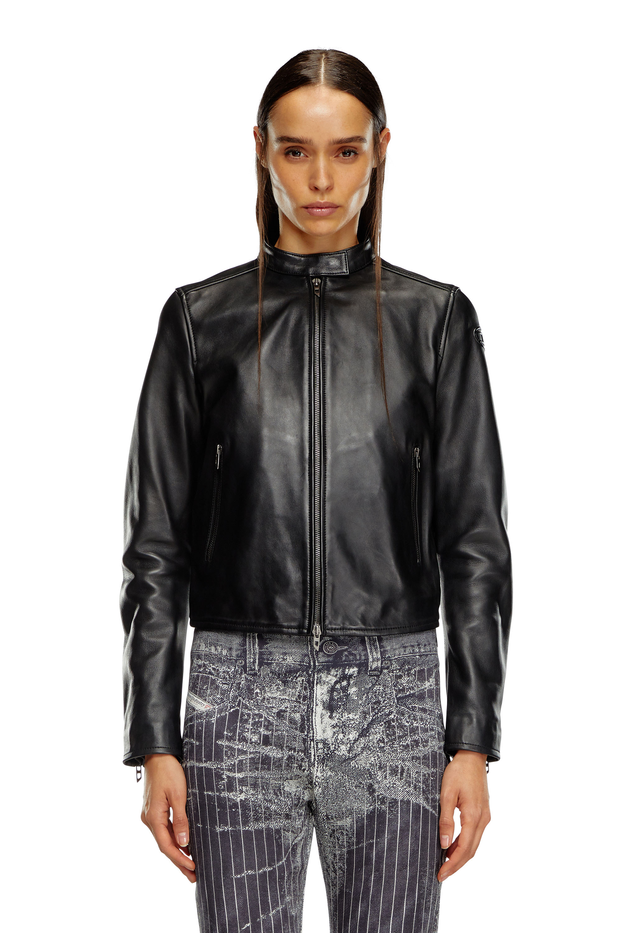 L-AYLA, Black Diesel - L-AYLA, Woman's Leather biker jacket with embossed logo in Black - 6