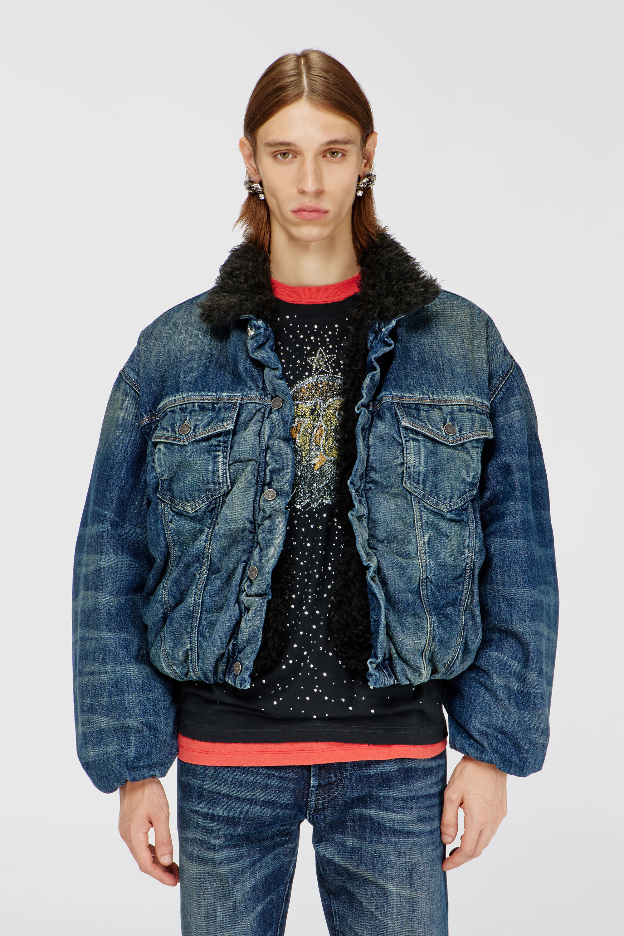 Diesel - D-CURLY-FSJ1, Unisex's Teddy-lined trucker jacket in denim in Dark Blue - 3