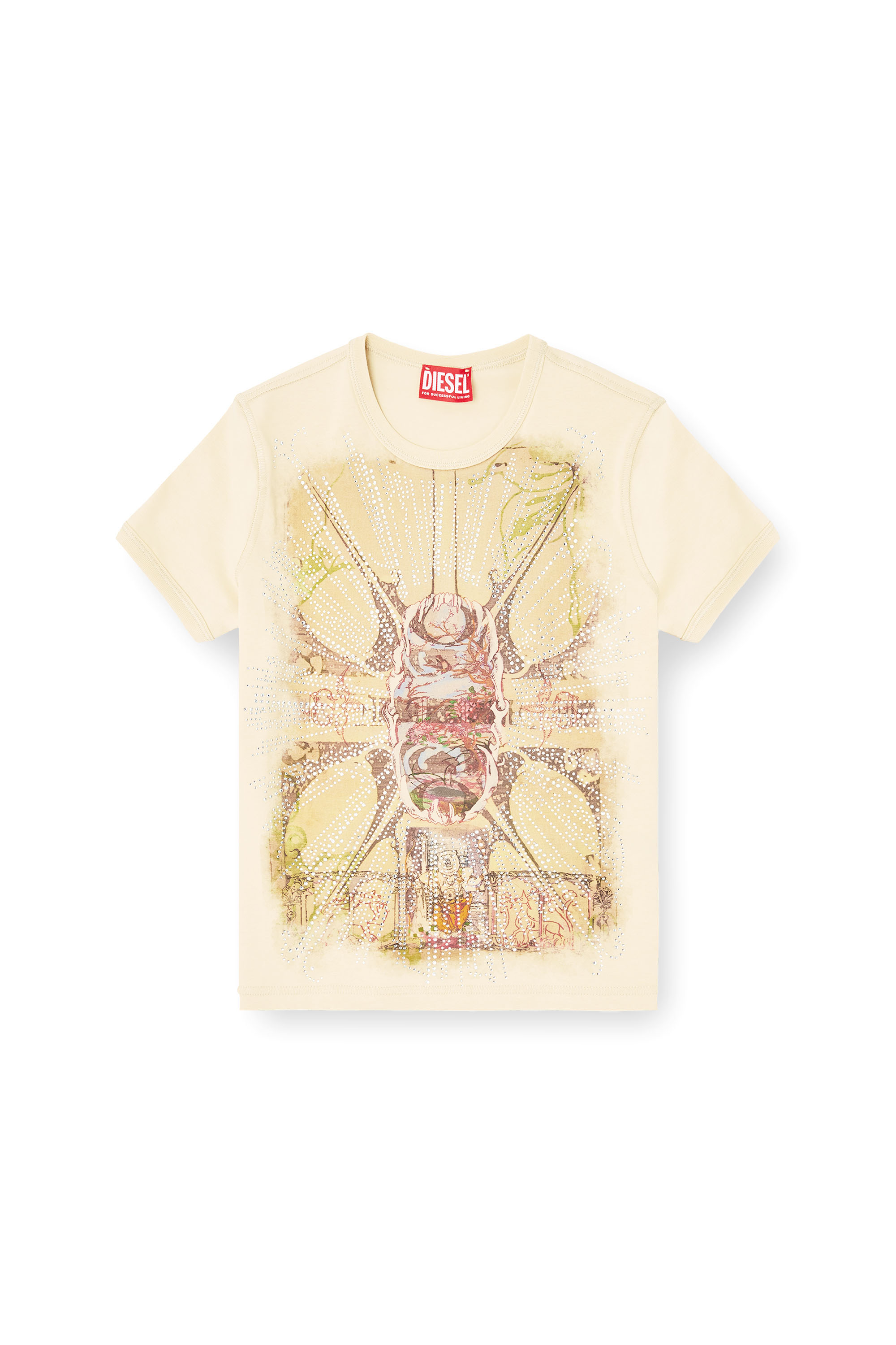 Diesel - T-UNCUTIES-LONG-R14, Woman's T-shirt with rhinestone graphic in Light Brown - 2