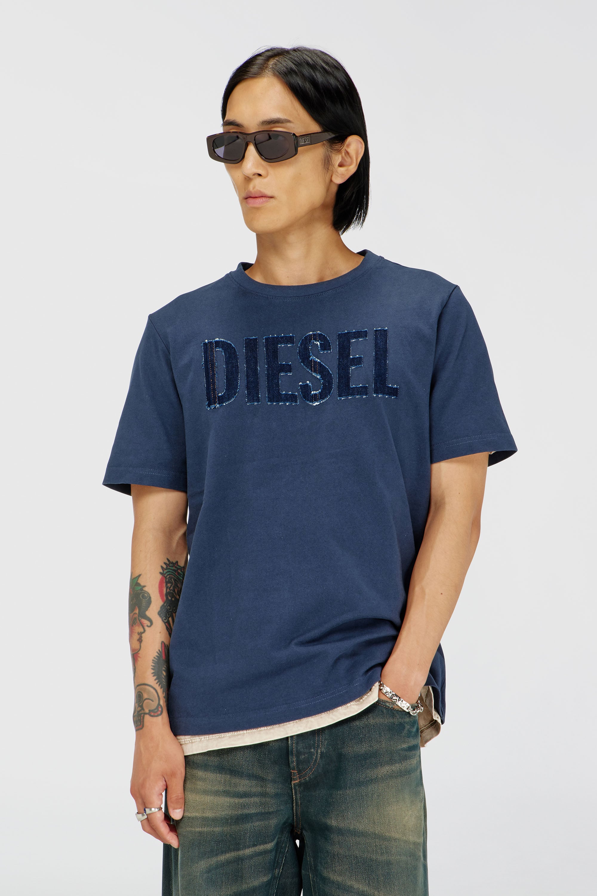 Diesel - T-JUST-APP-T92, Man's Cotton T-shirt with tonal Diesel logo print in Navy Blue - 1