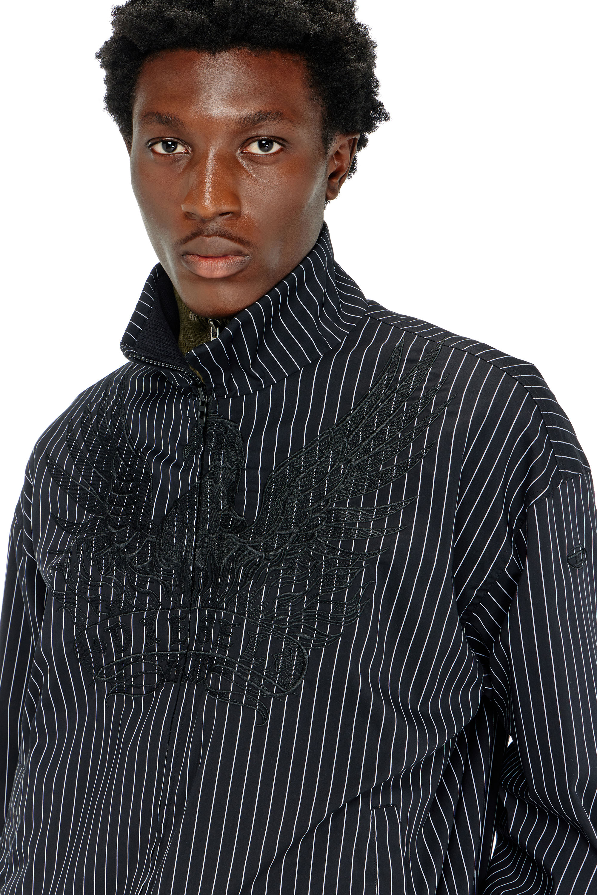 Diesel - J-CORSAR-NJCA, Man's Nylon pinstripe Jacket with Phoenix embroidery in Black - 5