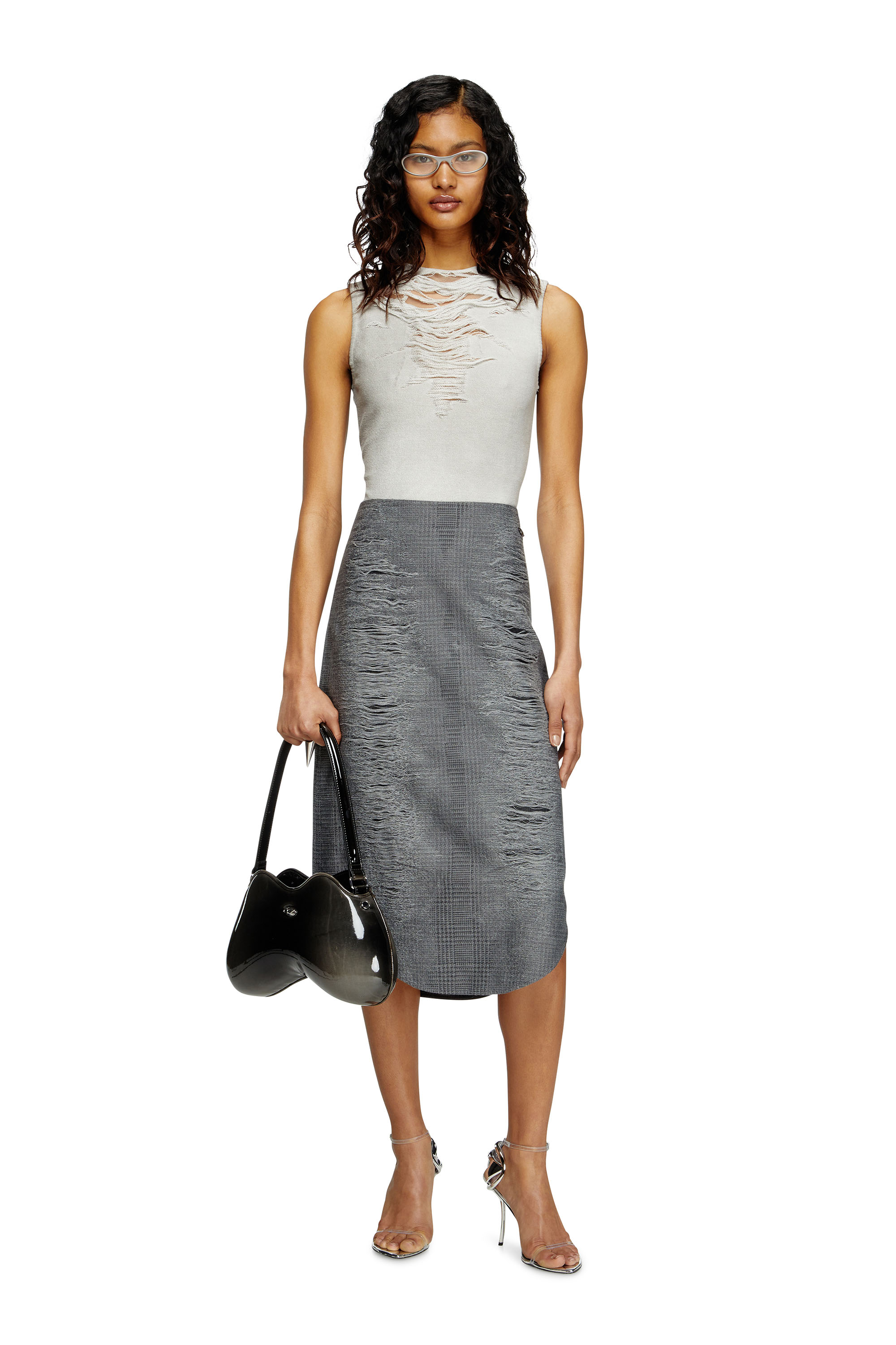 Diesel - O-TAVY, Woman's Checked skirt with distressed effect in Grey - 1