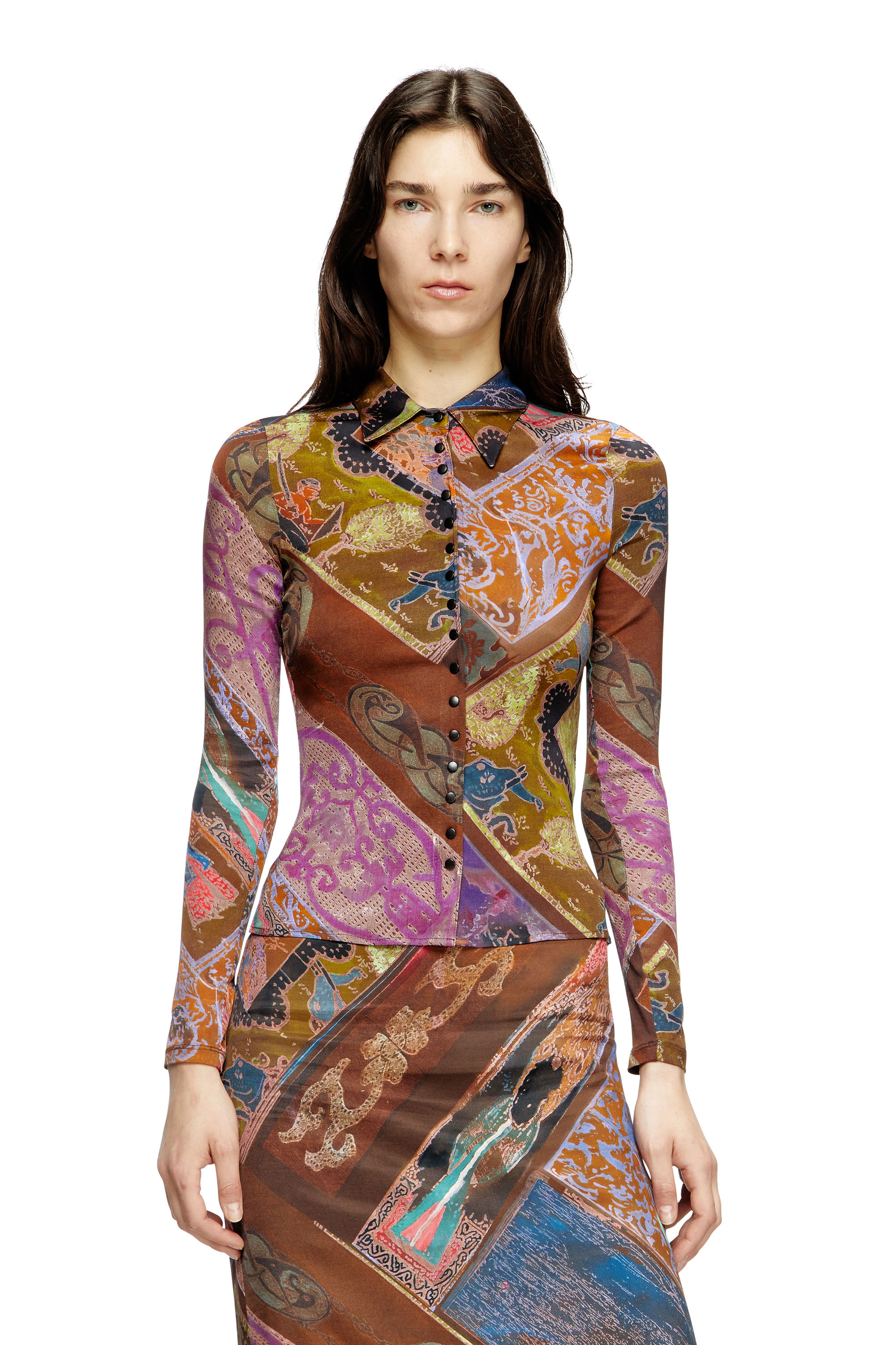 C-AMELIA, Brown Diesel - C-AMELIA, Woman's Stretch-viscose shirt with Heraldic print in Brown - 3