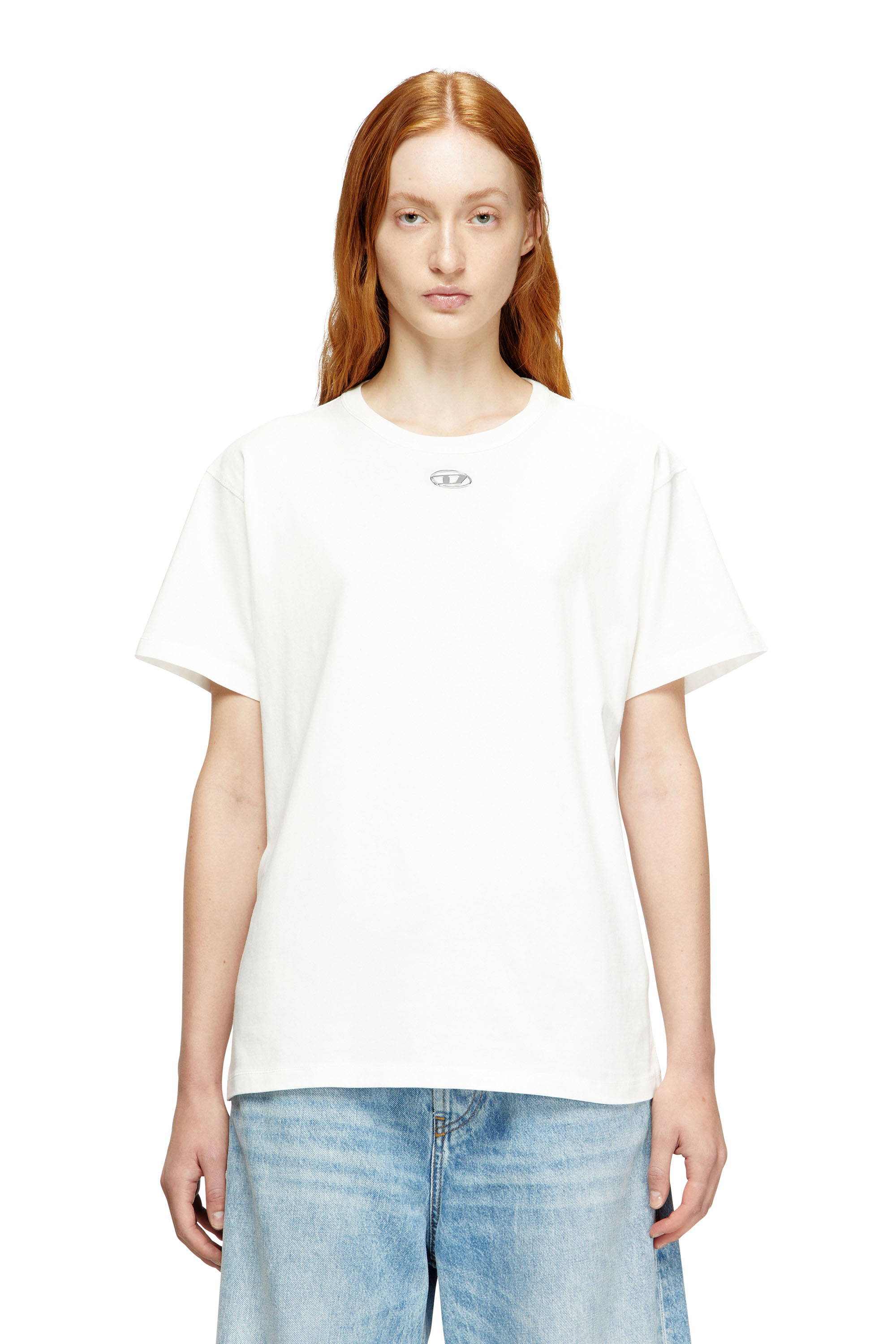 Diesel - T-NORMY-OD-S1, Woman's Cotton T-shirt with metallic Oval D in White - 1