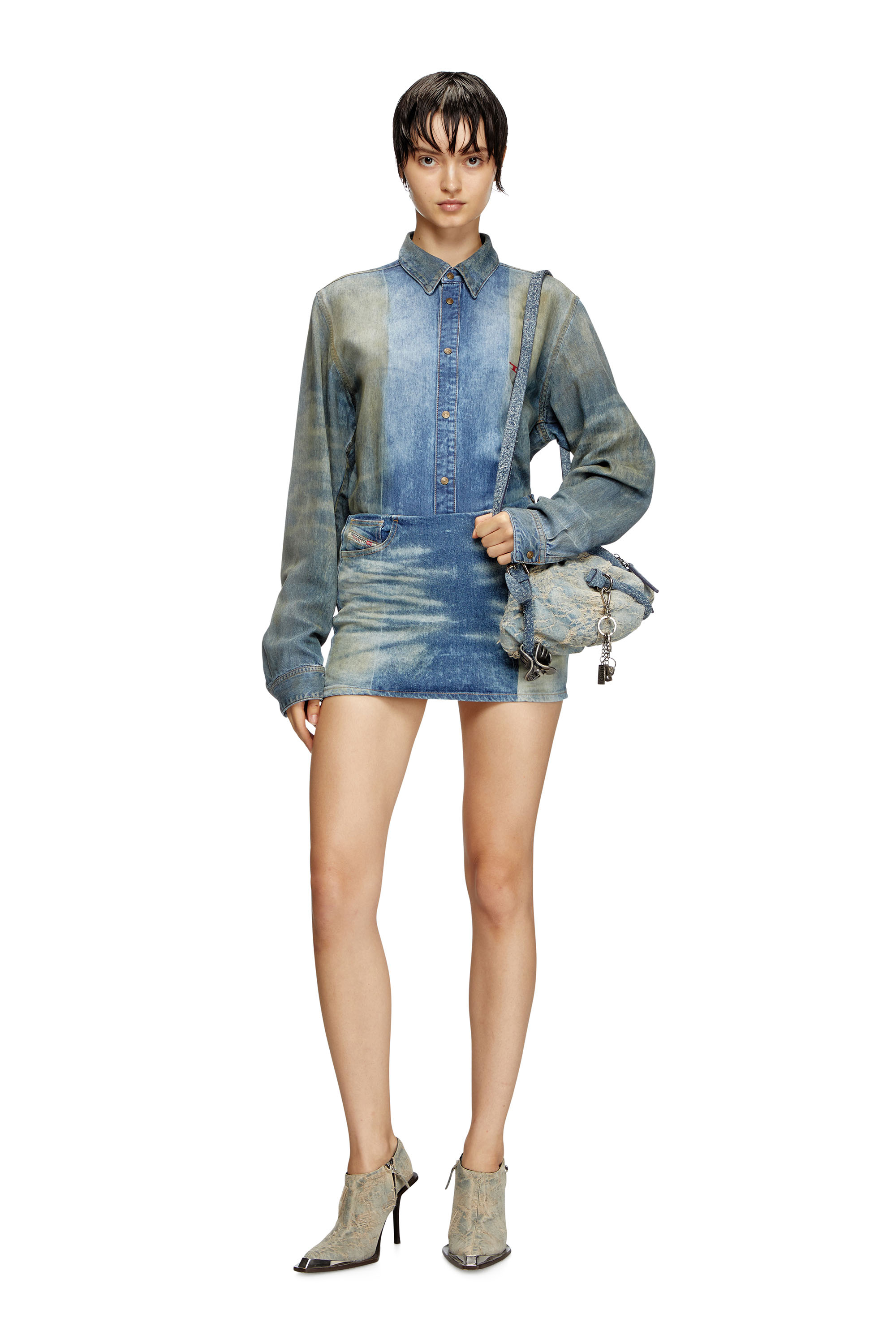 Diesel - DE-PRA-MINI-FSF, Woman's Denim miniskirt with solarised folds in Medium blue - 2