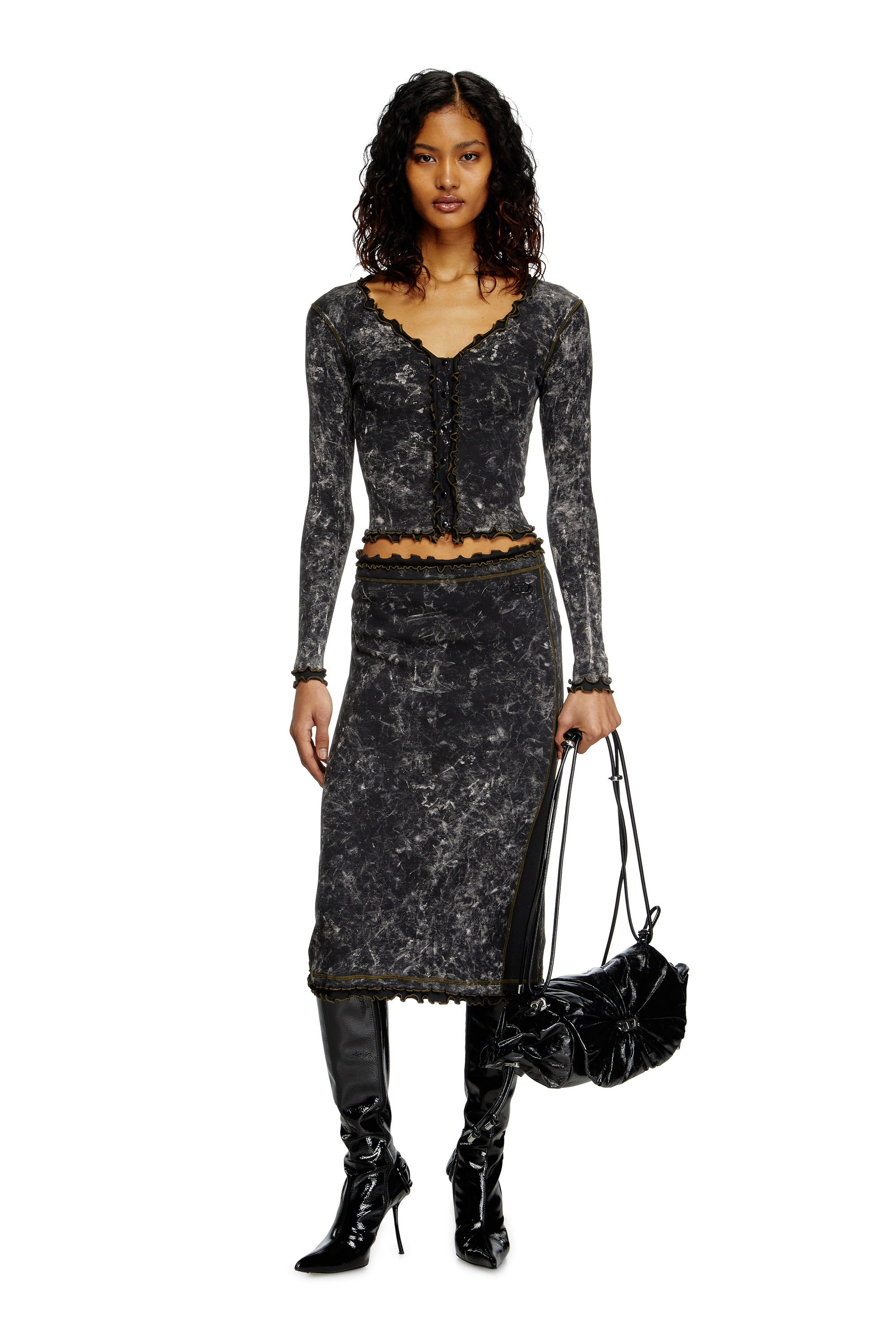 Diesel - T-FLUX, Woman's Marbled buttoned top with ruffles in Black - 1