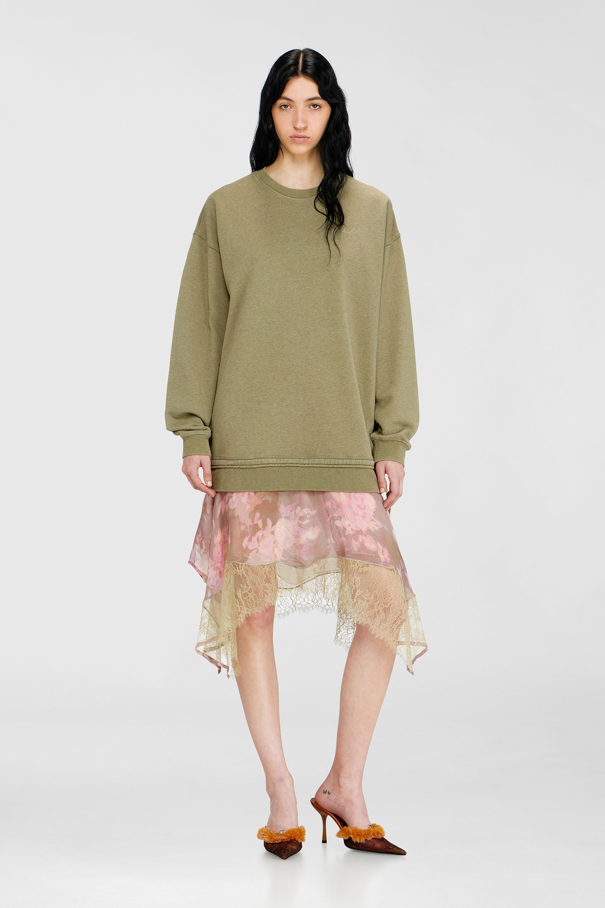 Diesel - D-ORELY, Woman's Sweatshirt dress with chiffon and lace skirt in Pink/Green - 1